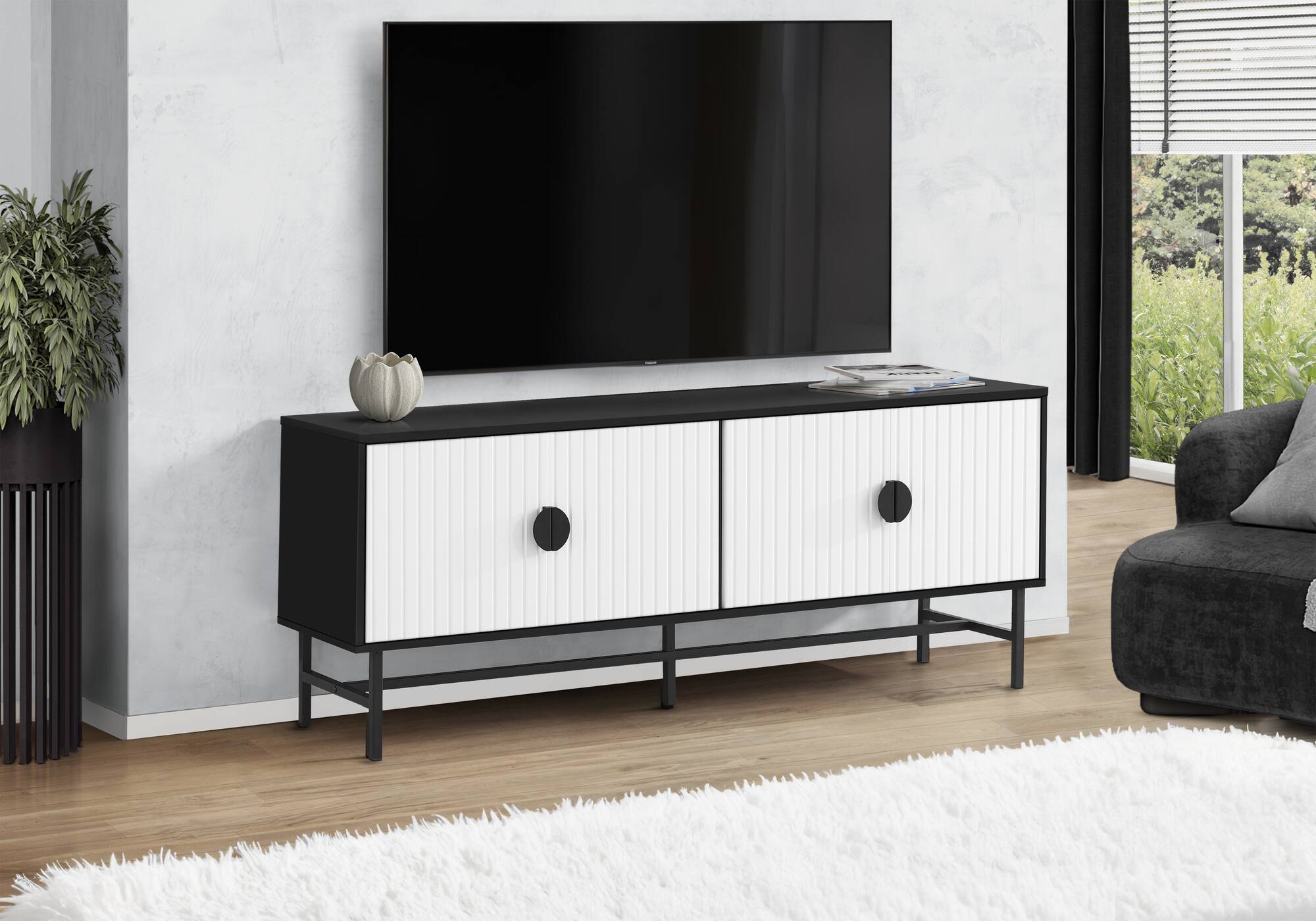 Front. APRILSOUL - Tv Stand 60 Inch Console Media Entertainment Center Storage Cabinet Living Room Black And White Laminate Black Metal - Black.