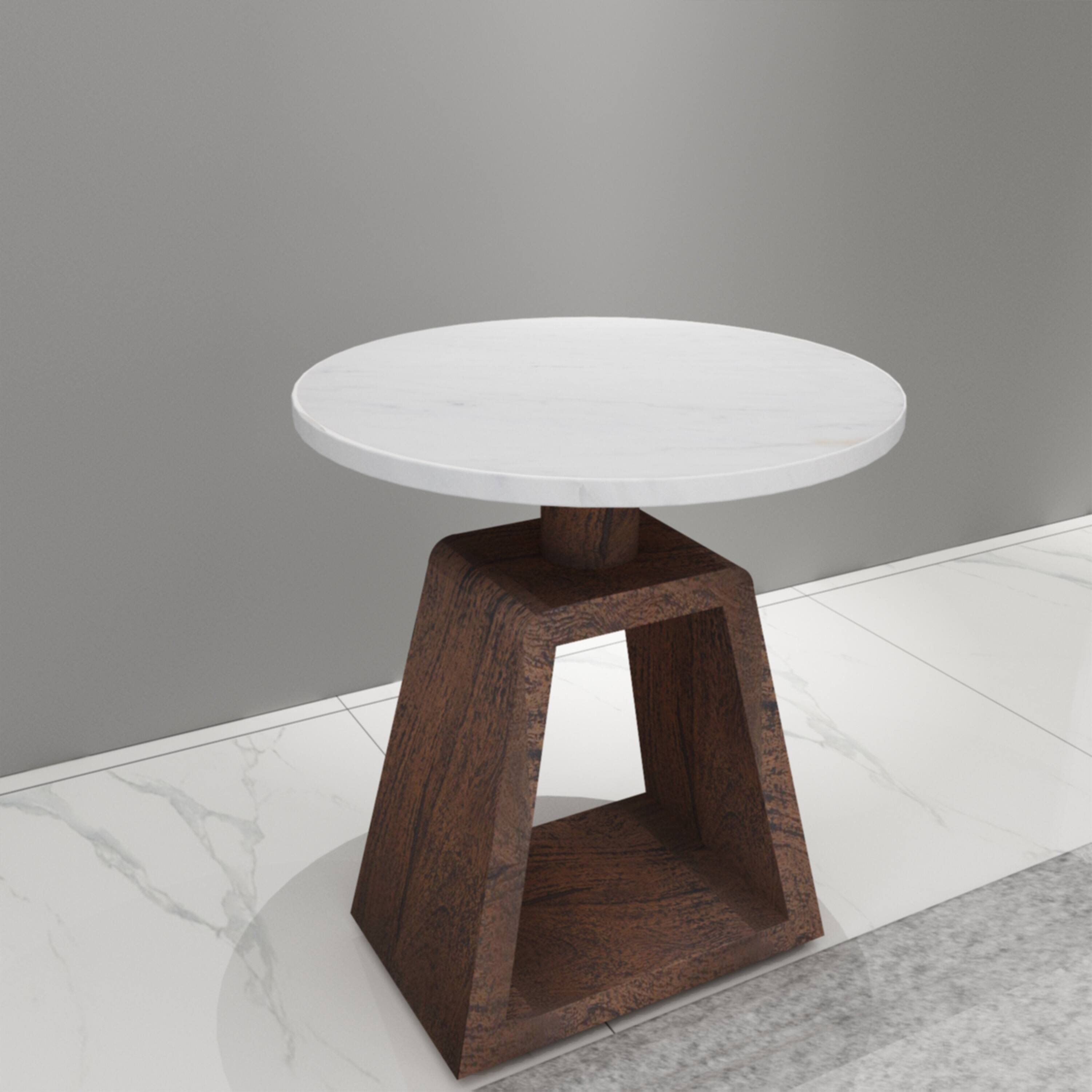 Alt View 10. Manhattan Lane - Port Blair Side End Table, Round White Genuine Marble Top with Handcrafted Mango Wood - Brown, White.