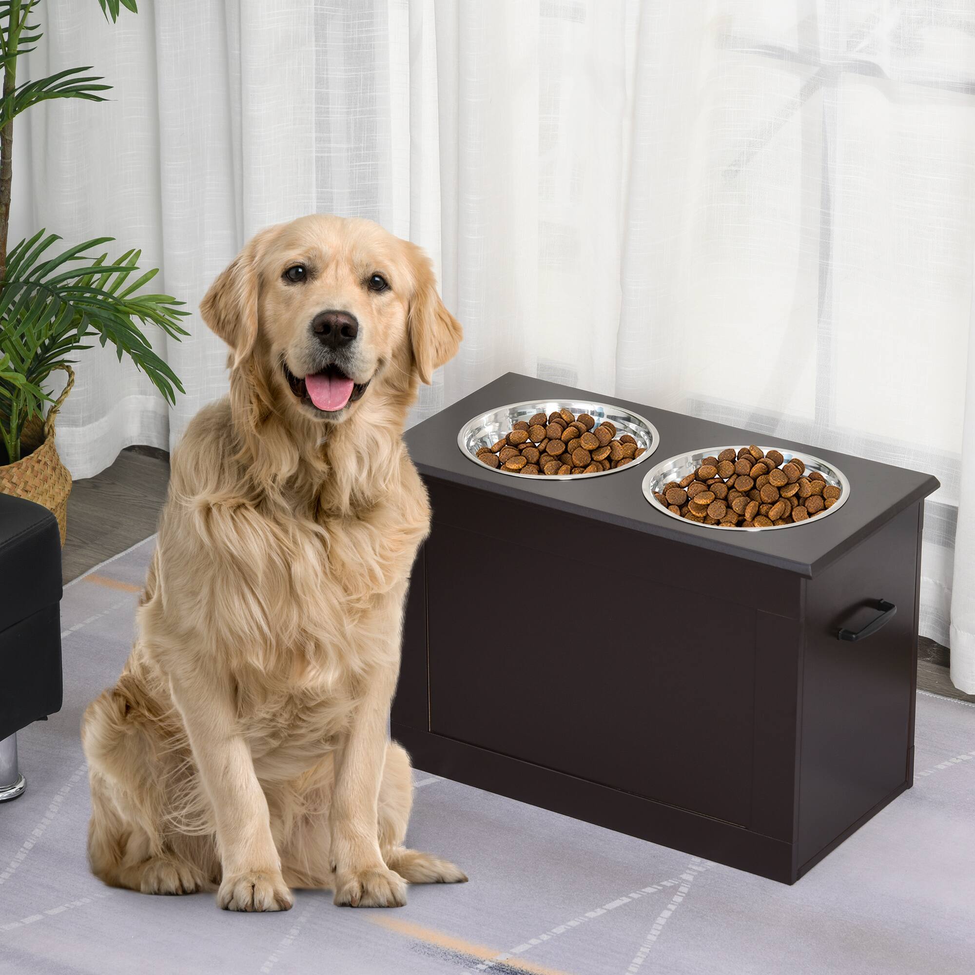 Angle. APRILSOUL - Raised Pet Feeding Storage Station with 2 Stainless Steel Bowls Base Dark Brown - Brown.