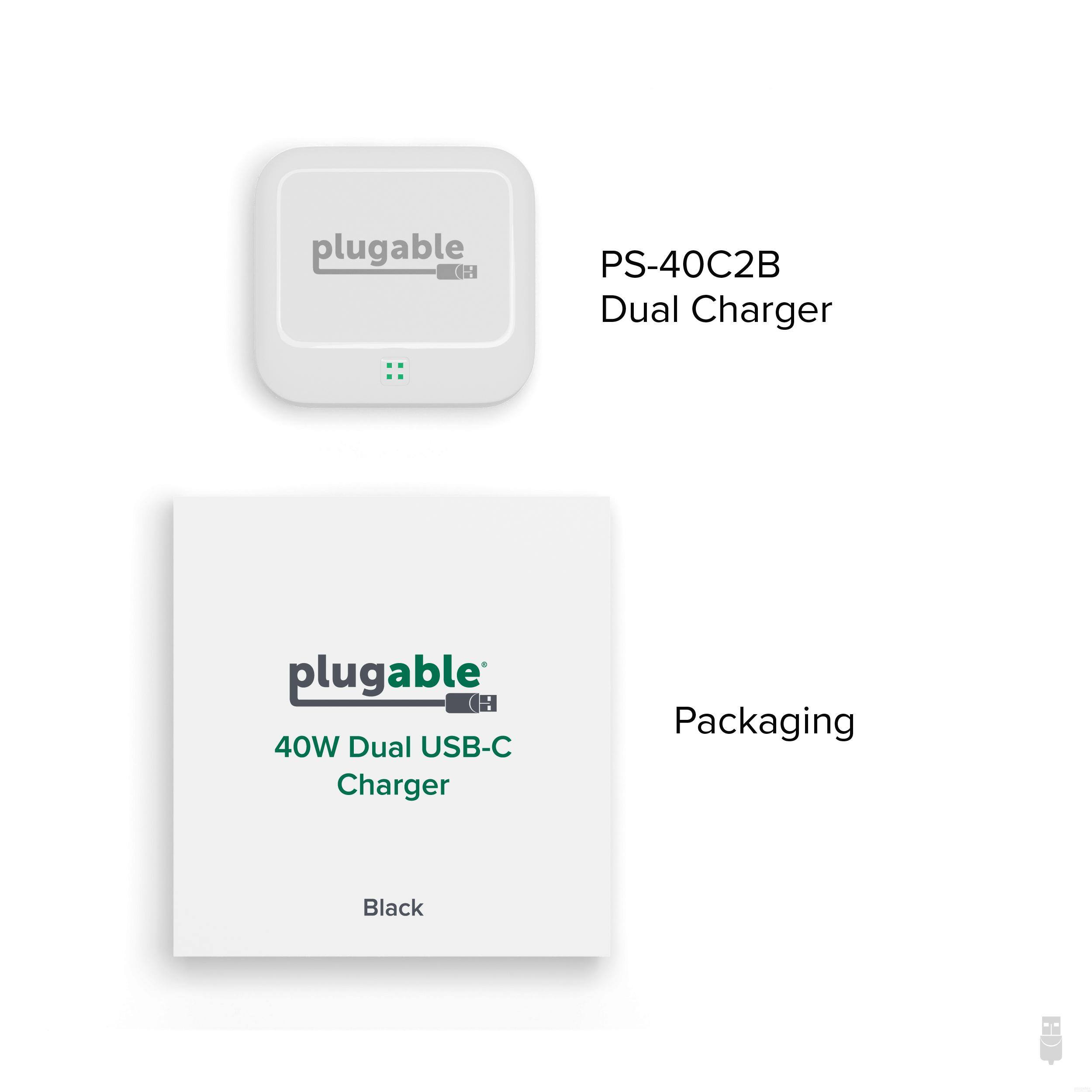 plugable  
PS-40C2B Dual Charger  

40W Dual USB-C Charger  
Black  

Packaging