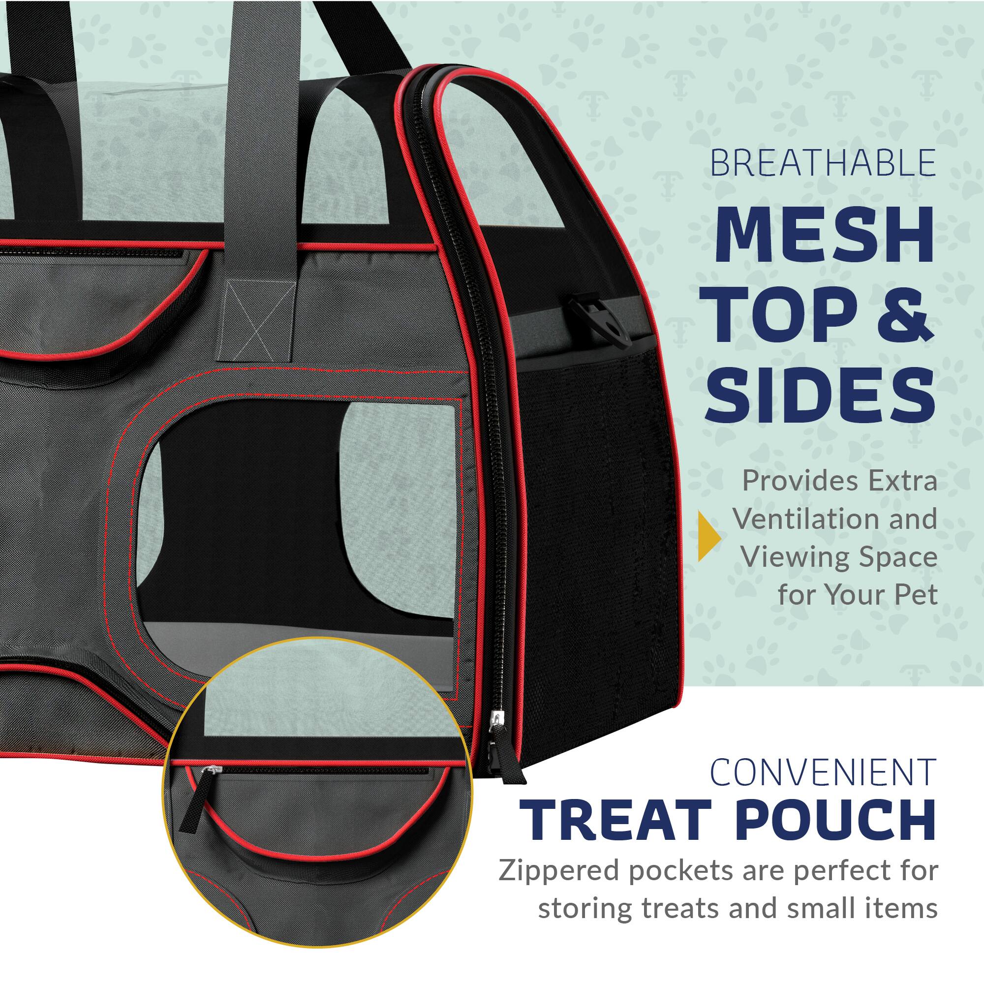 BREATHABLE MESH TOP & SIDES  
Provides Extra Ventilation and Viewing Space for Your Pet  

CONVENIENT TREAT POUCH  
Zippered pockets are perfect for storing treats and small items