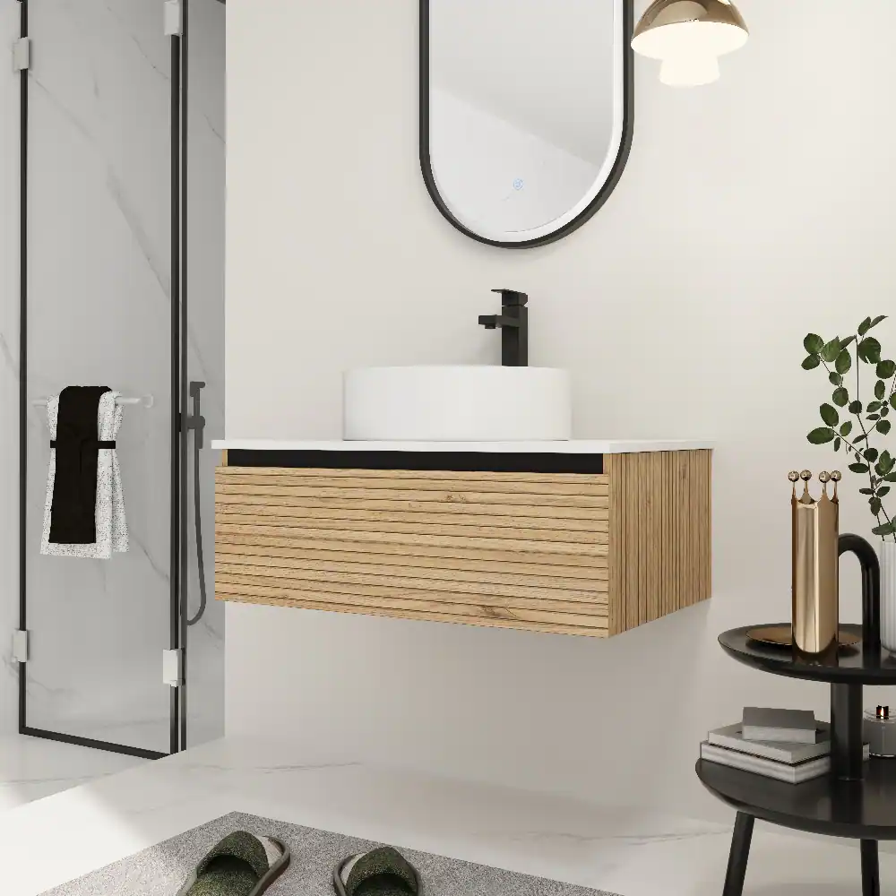Back. Loheer - Loheer 30 inch wall mounted bathroom vanity with white art ceramic sink and soft close drawer - Light Coffee.
