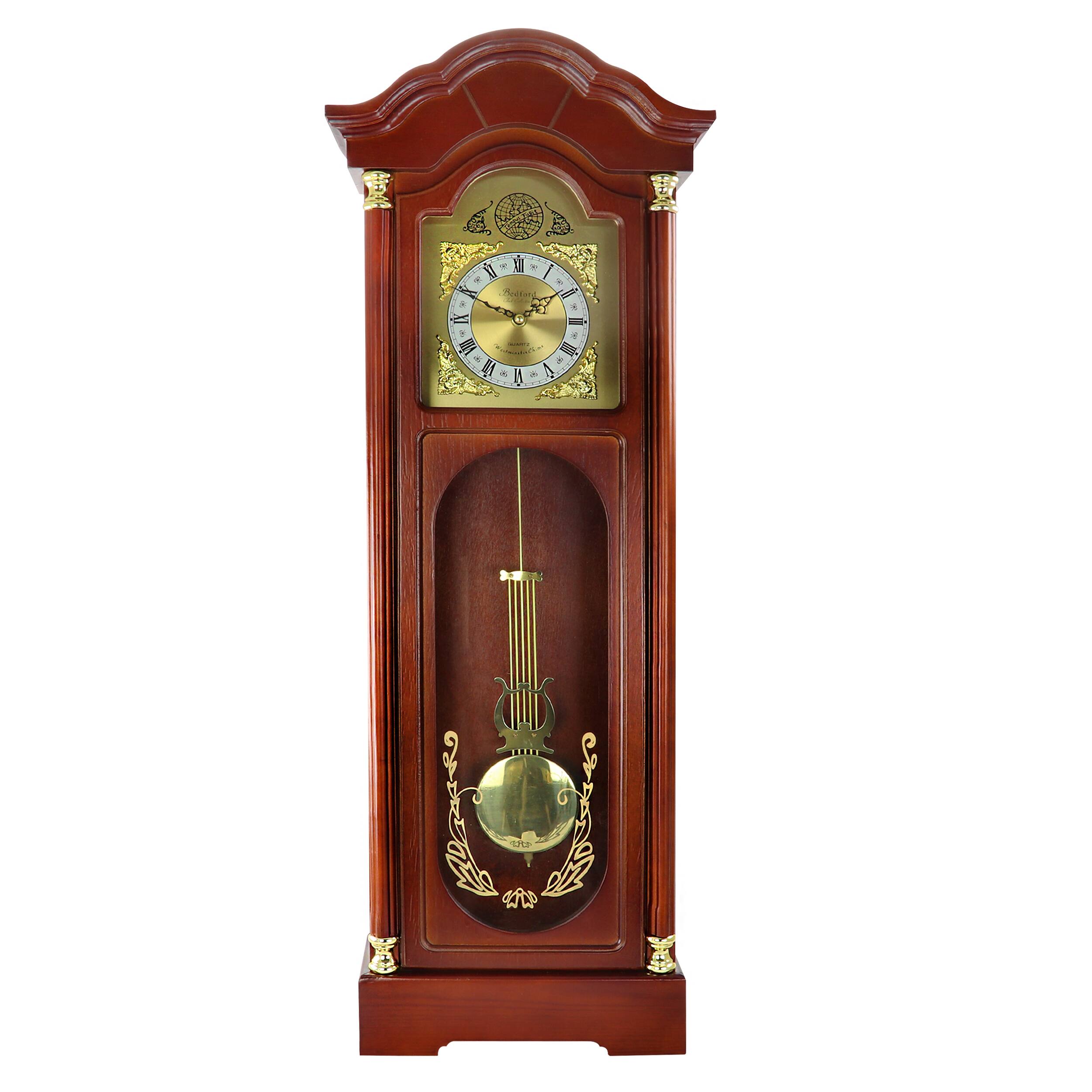 Bedford Clock Collection - 33 Inch Chiming Pendulum Wall Clock in Antique Cherry Oak Finish - Brown