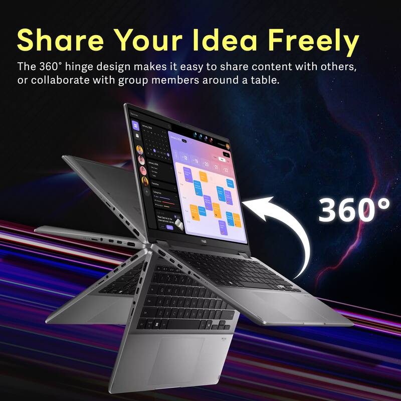 Share Your Idea Freely

The 360° hinge design makes it easy to share content with others, or collaborate with group members around a table.