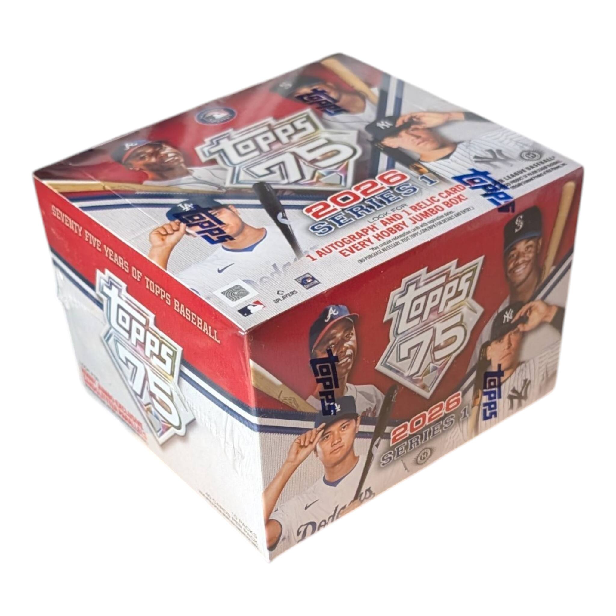 Topps 2026 Series 1 - 75 Years of Topps Baseball  
Seventy Five Years of Topps Baseball  
1 Autograph and 1 Relic Card Every Box  
5 Base Cards  
1 Jumbo Relic Card Box!