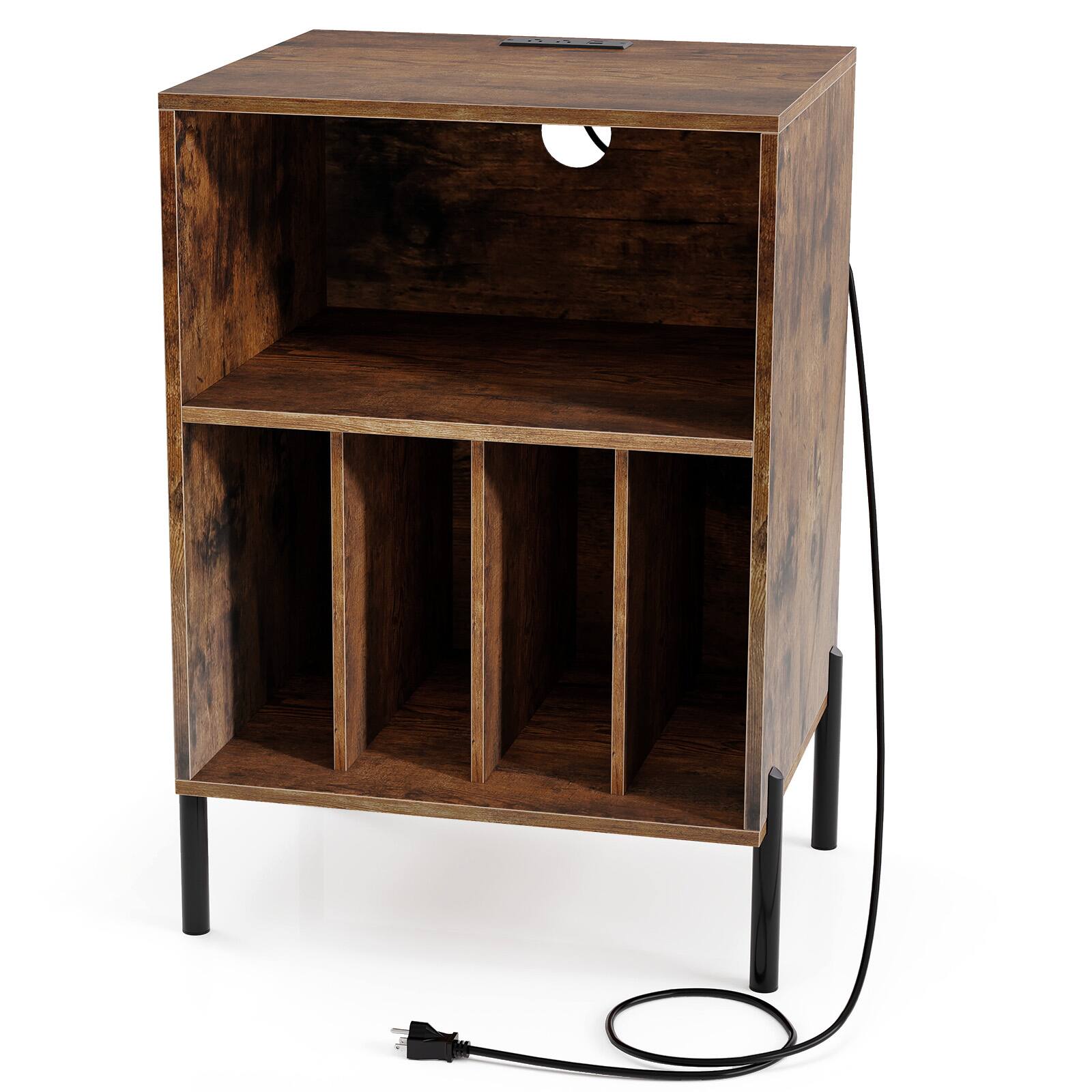 Alt View 8. Gymax - Gymax Record Player Stand w/Charging Station 5 Storage Compartments Anti-toppling Kits - Coffee.