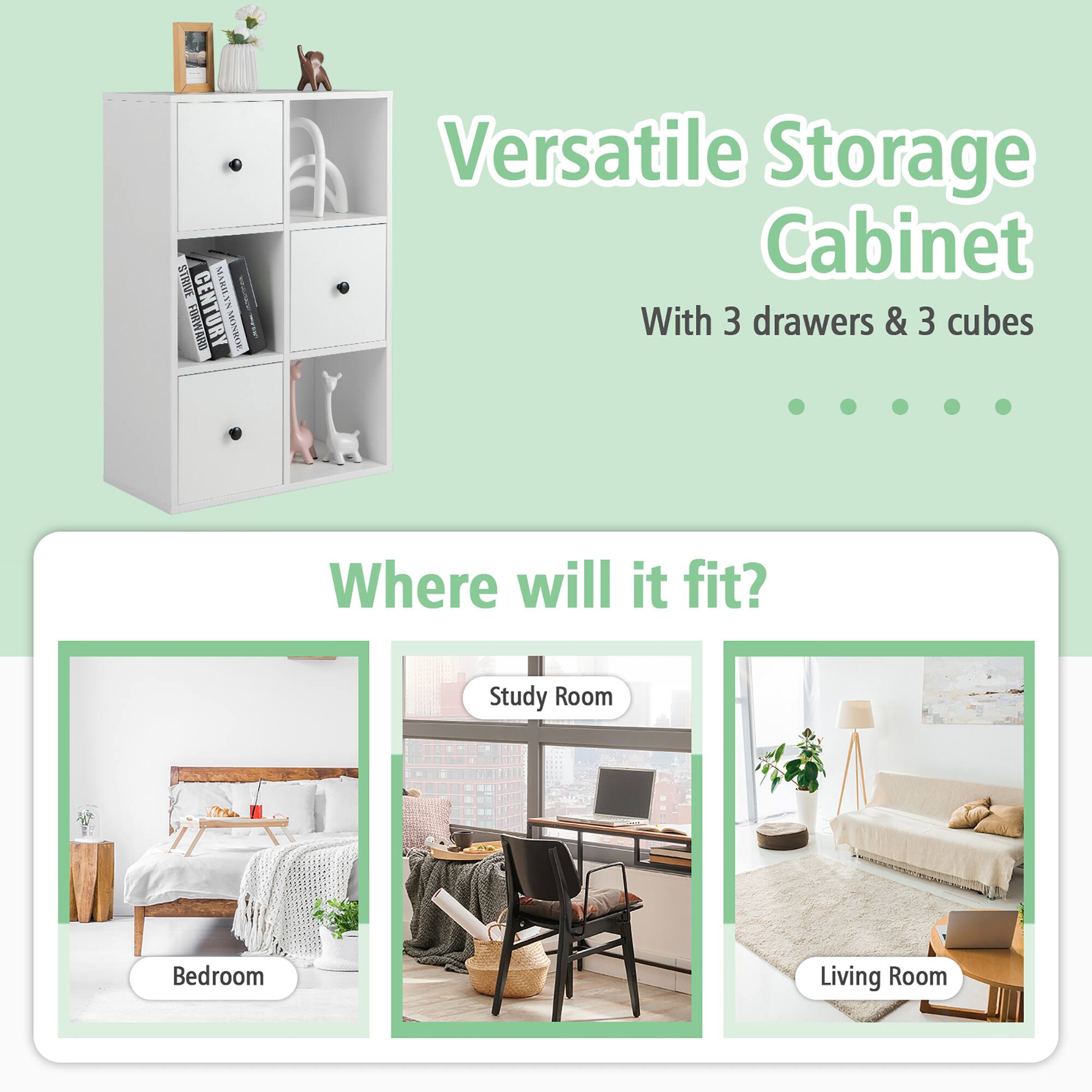 Versatile Storage Cabinet With 3 drawers & 3 cubes
Where will it fit?
Study Room
Bedroom
Living Room