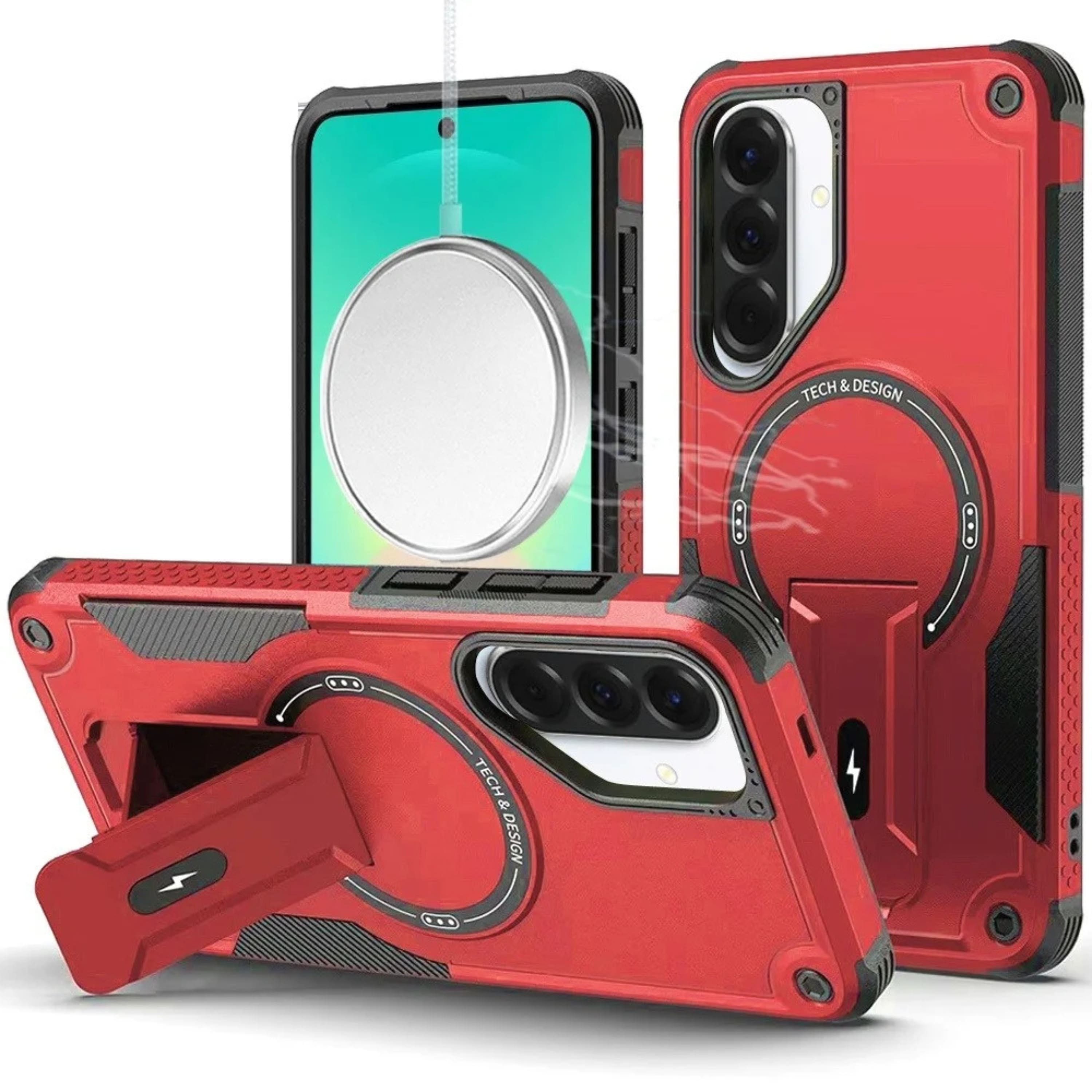 Kitcheniva - Rugged Magnetic Circle Kickstand Protective Cover With Tempered Glass For Samsung A27 5G - Red