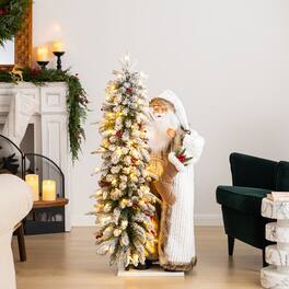 Glitzhome - 3.5FT Oversized Woodland Santa with 4FT Lighted Flocked Artificial Christmas Tree - Multi-Colored