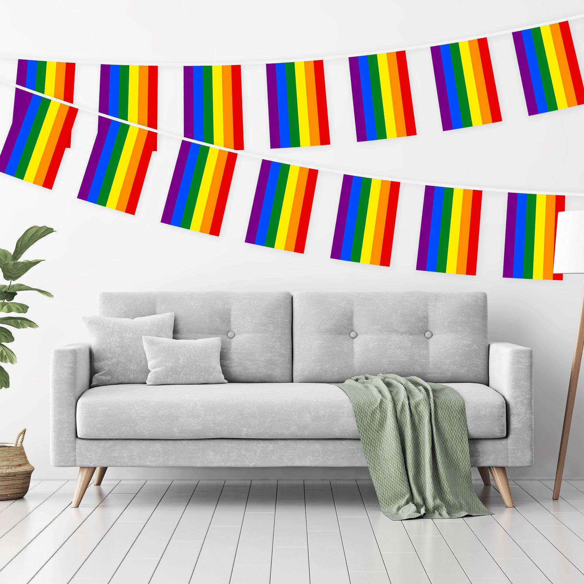 Angle. G128 - LGBT Pride Bunting Banner, 33 ft String with 38 Mini Flags (8.2 x 5.5 in). - Rainbow.