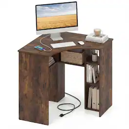 Costway - Corner Desk with Charging Station, Ergonomic Curved Edge & Open Storage Shelves - Rustic Brown