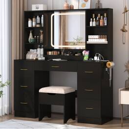 Espafurni - 47" Bedroom Vanity Desk - 7 Drawers, 6 Shelves, Cushion Stool, Outlet, 3 - Lighting Modes - Black