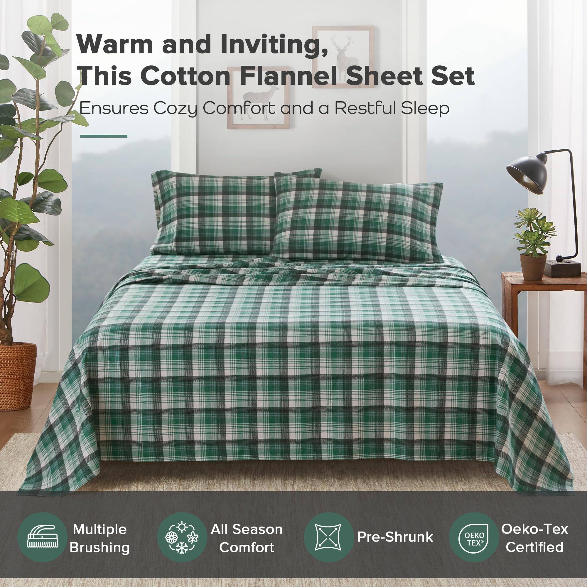 Warm and Inviting,  
This Cotton Flannel Sheet Set  
Ensures Cozy Comfort and a Restful Sleep  

Multiple Brushing  
All Season Comfort  
Pre-Shrunk  
Oeko-Tex Certified