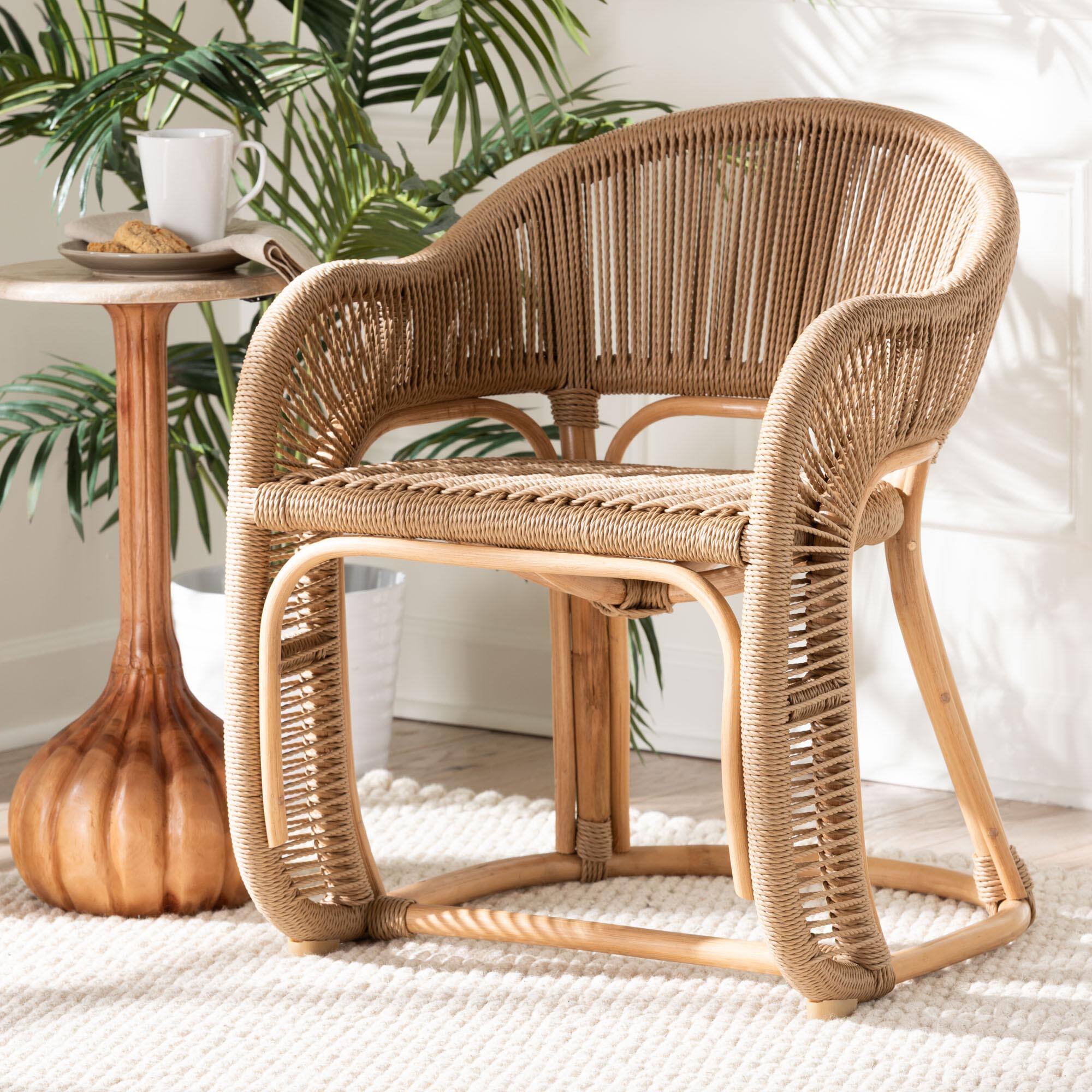 Alt View 4. bali & pari - Isra Natural Rattan Accent Chair with Handwoven Synthetic Wicker – Curved Barrel Back Lounge Chair - Natural Brown.