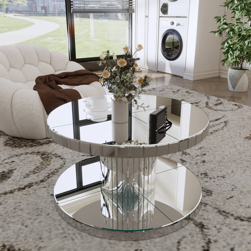 Front. Lirago - Round Mirror Coffee Table with Fluted Glass Dia Modern Pedestal End Table 17.7"H x 31.5"D x 31.5"W - Silver.