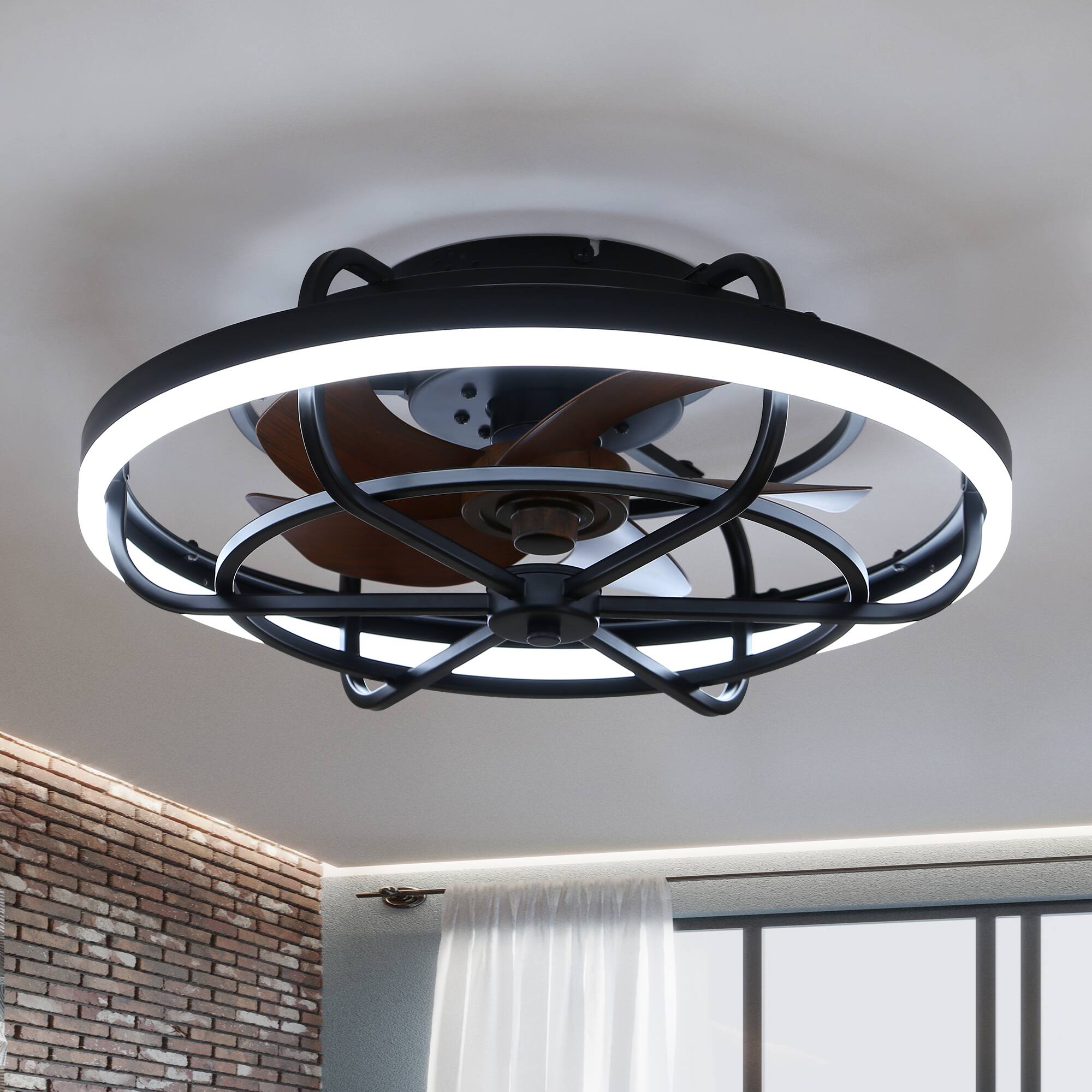 Front. Breezary - 19.7-In Flush Mount Cage Ceiling Fan with 5 Blades, 3-Color Light, 6-Speed Remote Control, Timer with Memory - Matte Black and Wood Grain.