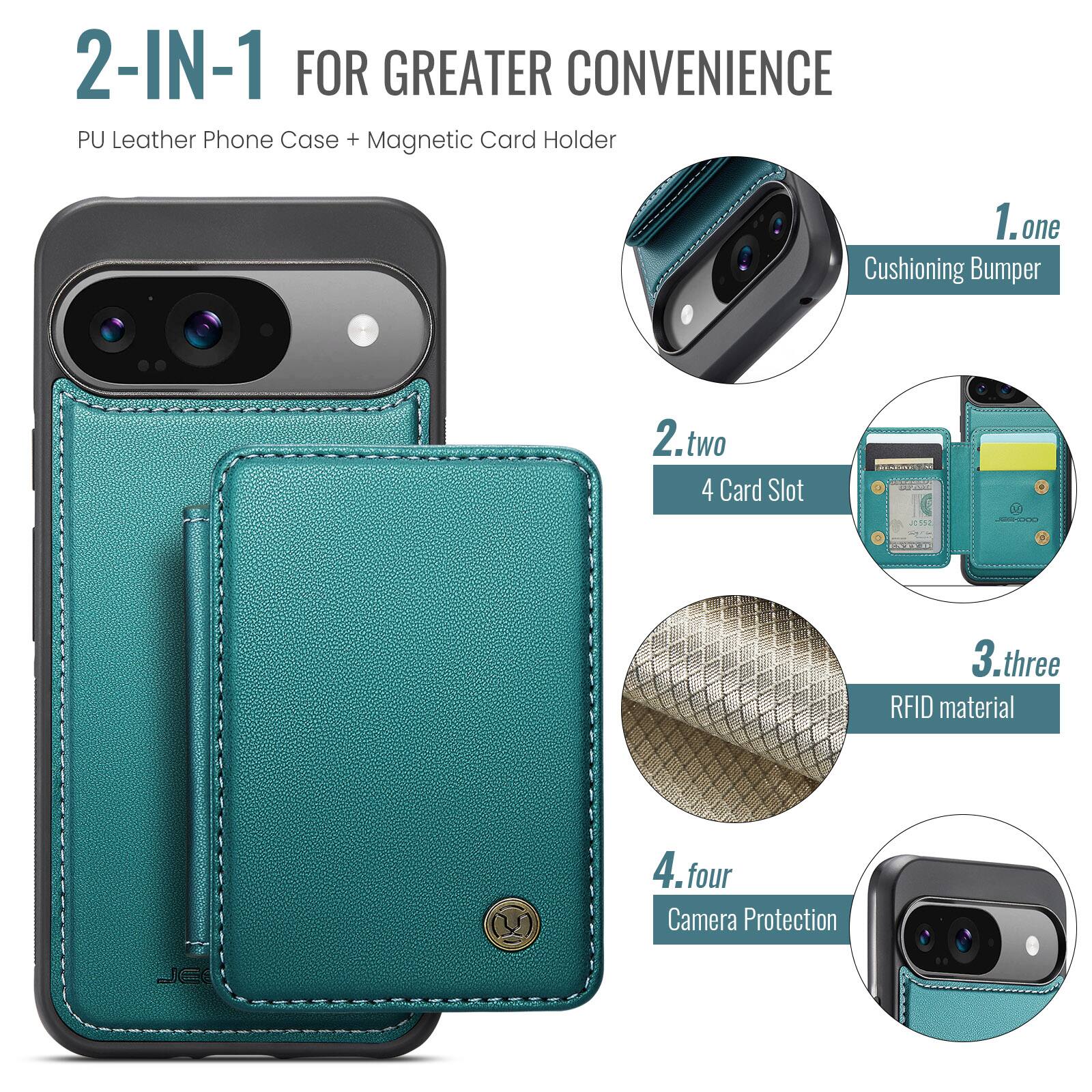2-IN-1 FOR GREATER CONVENIENCE  
PU Leather Phone Case + Magnetic Card Holder  

1. one  
Cushioning Bumper  

2. two  
4 Card Slot  

3. three  
RFID material  

4. four  
Camera Protection