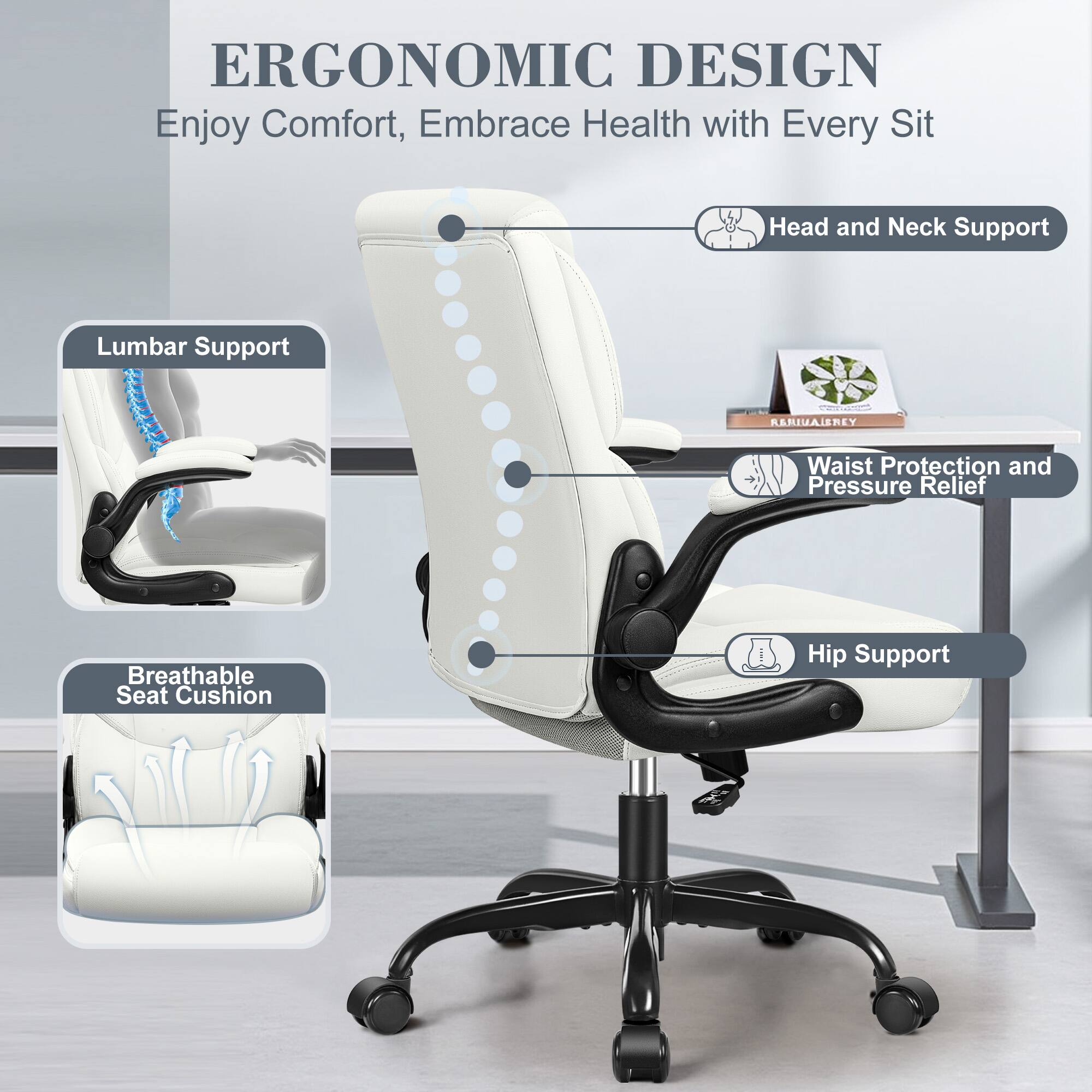 ERGONOMIC DESIGN  
Enjoy Comfort, Embrace Health with Every Sit  

- Head and Neck Support  
- Lumbar Support  
- Waist Protection and Pressure Relief  
- Hip Support  
- Breathable Seat Cushion