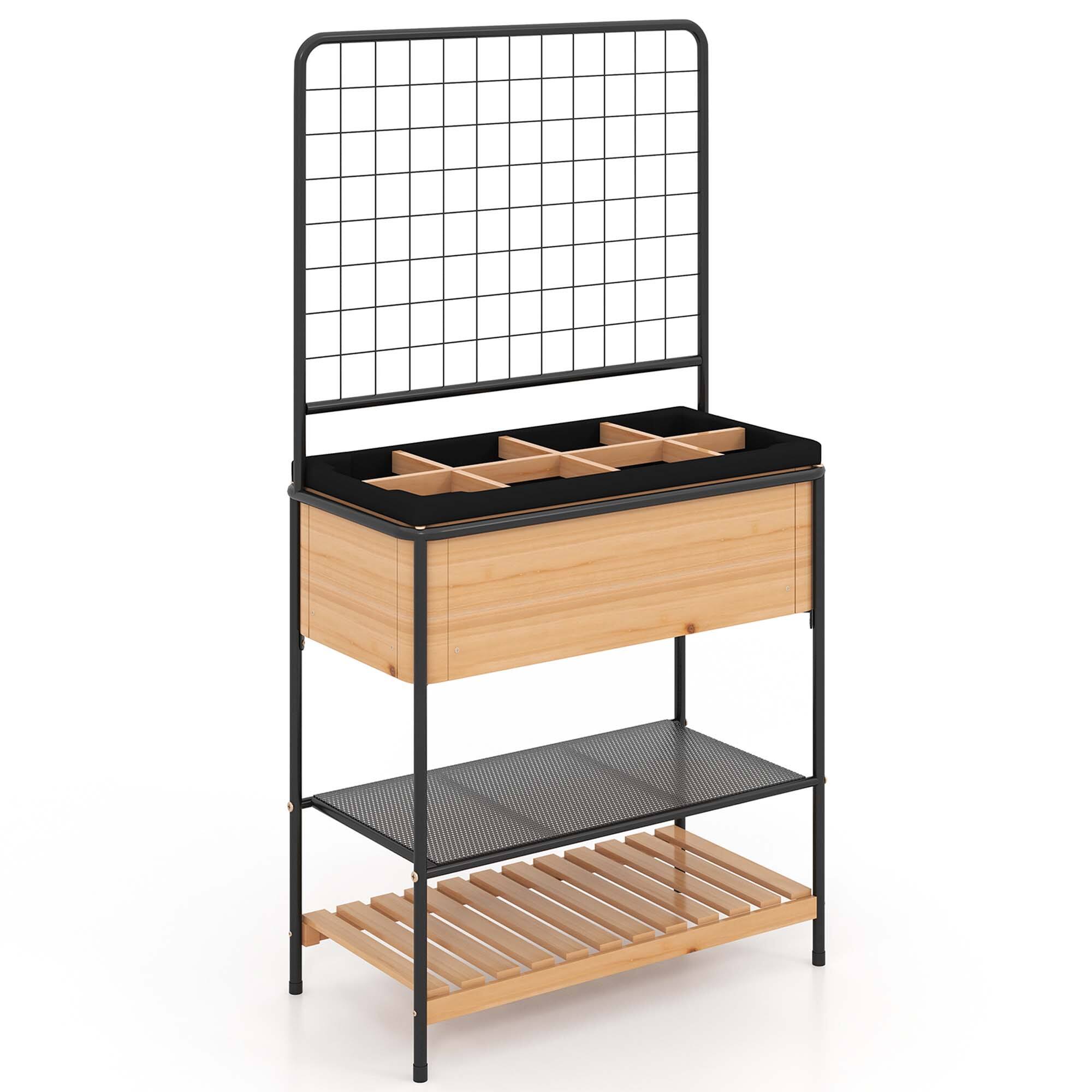 Alt View 1. Costway - 59" Raised Wooden Garden Bed with Metal Trellis Open Storage Shelves Drain Holes - Natural.