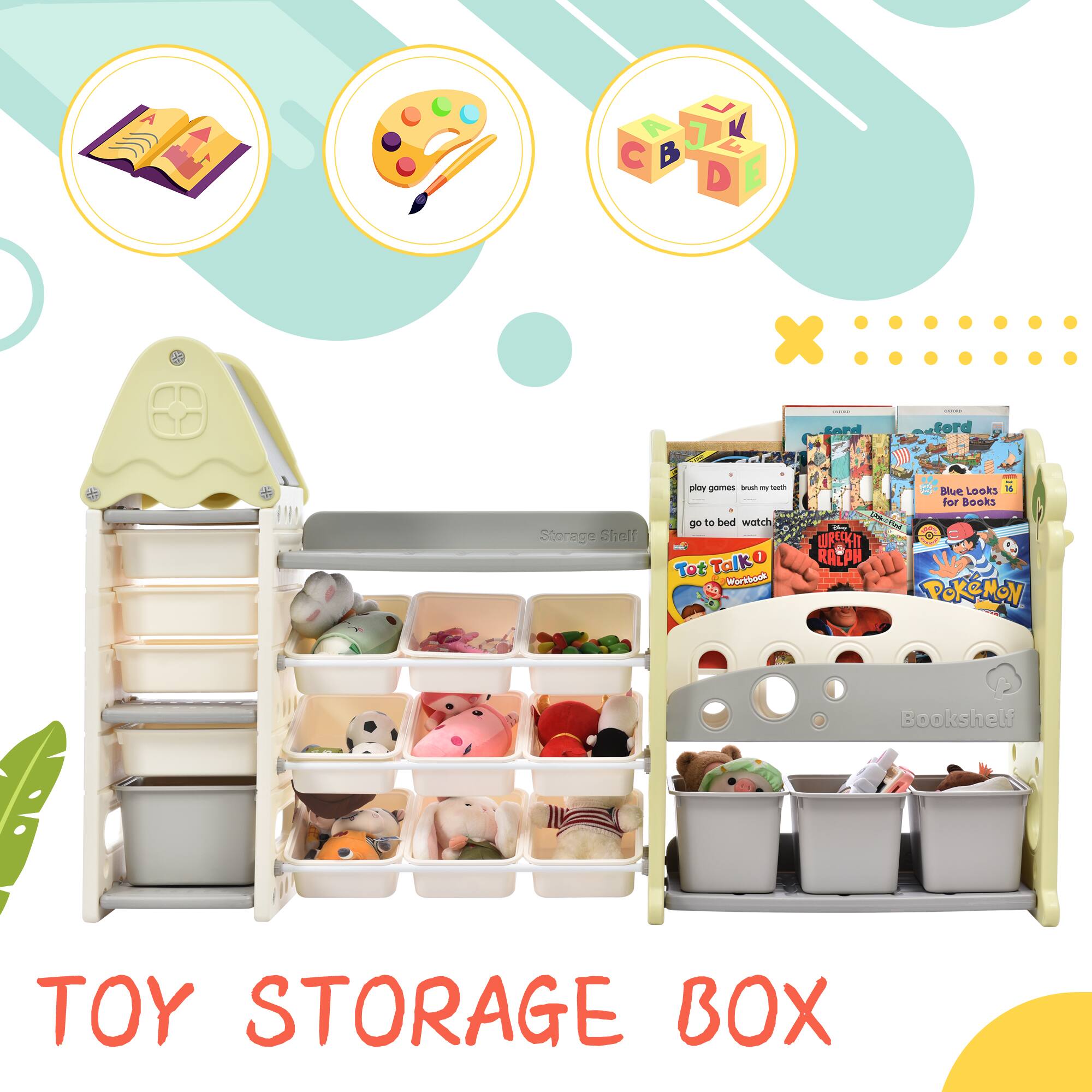 A 7 V C B D E x ete | play games brush my teeth go to bed watch Storage Shelf TotTalkO Hothak dn - WRSSKI RALPH PoKeMoN Bookshelf TOY STORAGE BOX

TOY STORAGE BOX