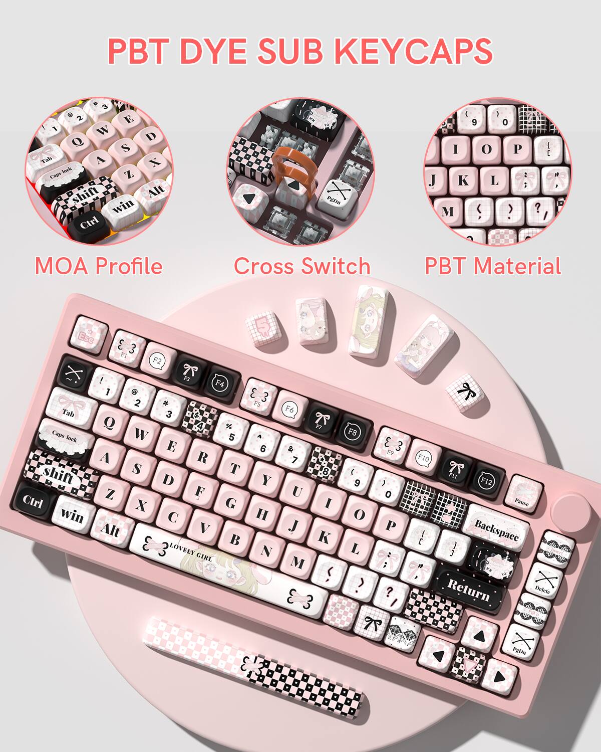 PBT DYE SUB KEYCAPS

MOA Profile  
Cross Switch  
PBT Material

1 Q W E R T Y U I O P  
A S D F G H J K L  
Z X C V B N M  

Shift Alt D Win Ctrl  
Caps Lock Tab F1 F2 F3 F4 F5 F6 F7 F8 F9 F10 F11 F12  
Backspace Return Delete  

LOVELY GIRL