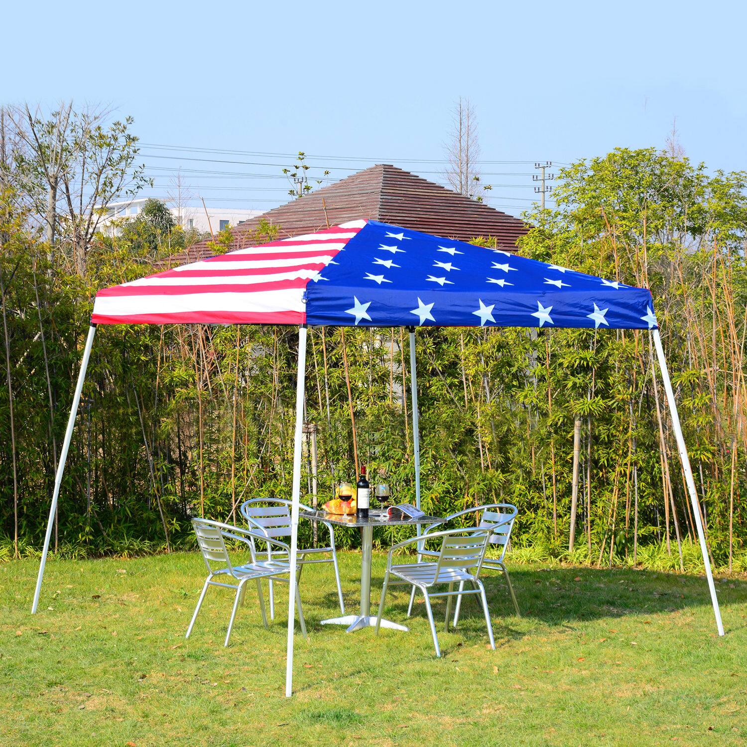 Alt View 1. Outsunny - 10'x 10' Outdoor Canopy Pop Up Event Tent with Slanted Legs for Events, Weddings, & Parties, American Flag - American Flag.
