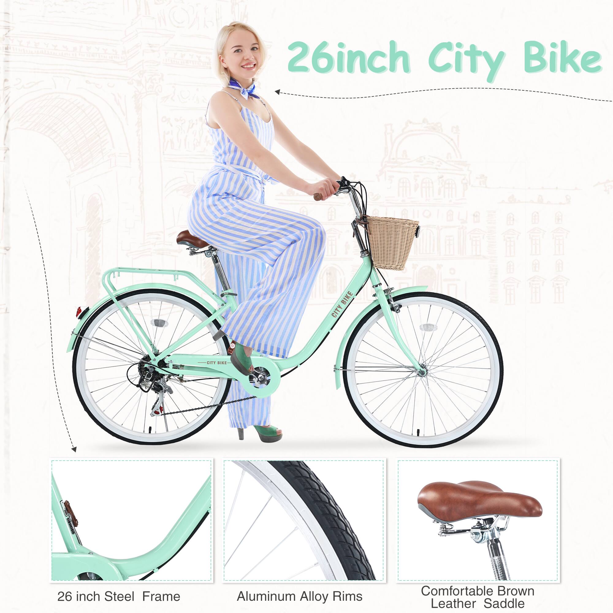 26 inch City Bike

- 26 inch Steel Frame
- Aluminum Alloy Rims
- Comfortable Brown Leather Saddle