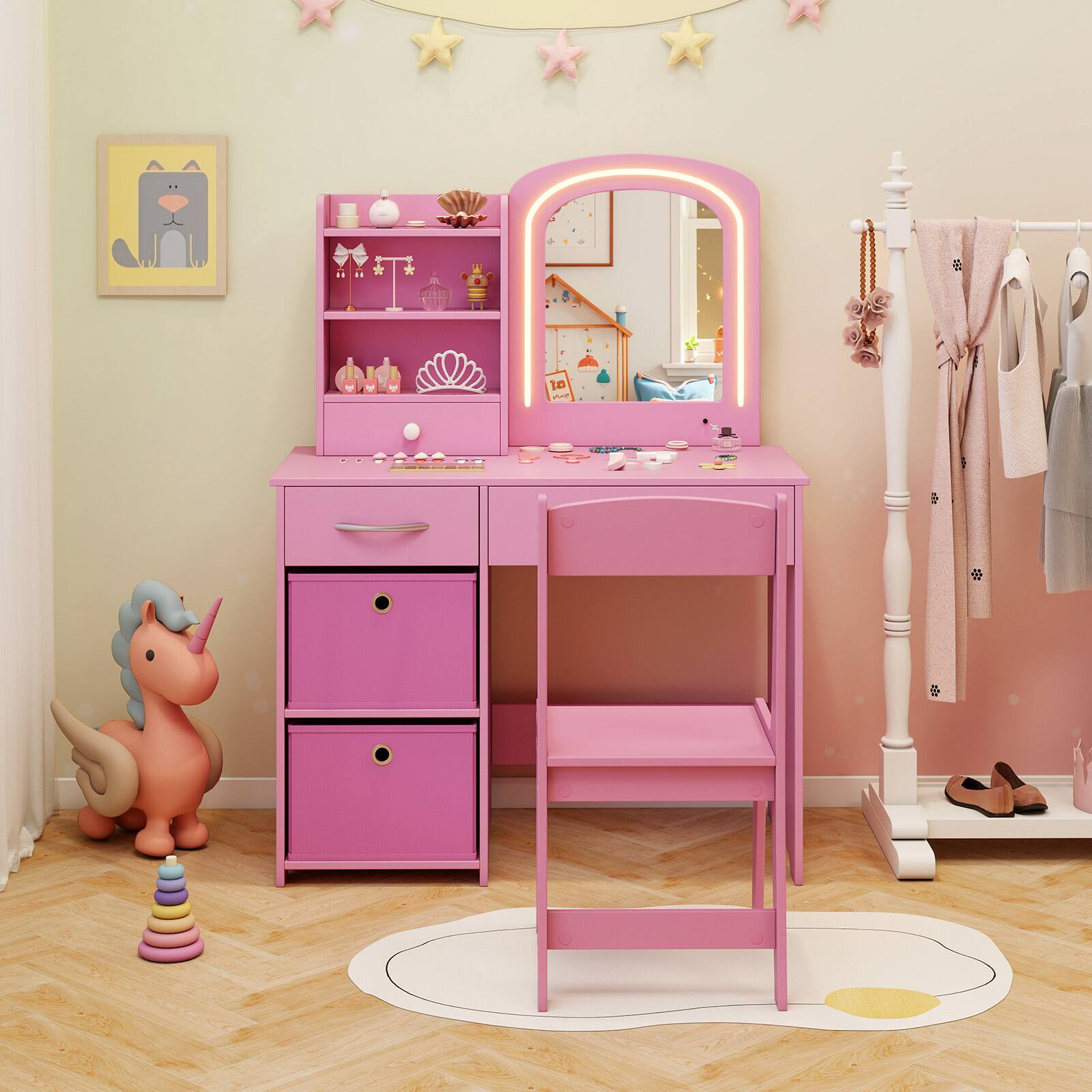 Alt View 4. Gymax - Gymax Kids Vanity Set Princess Makeup Desk & Chair w/ Mirror & Lights Open Shelves Pink - Pink.