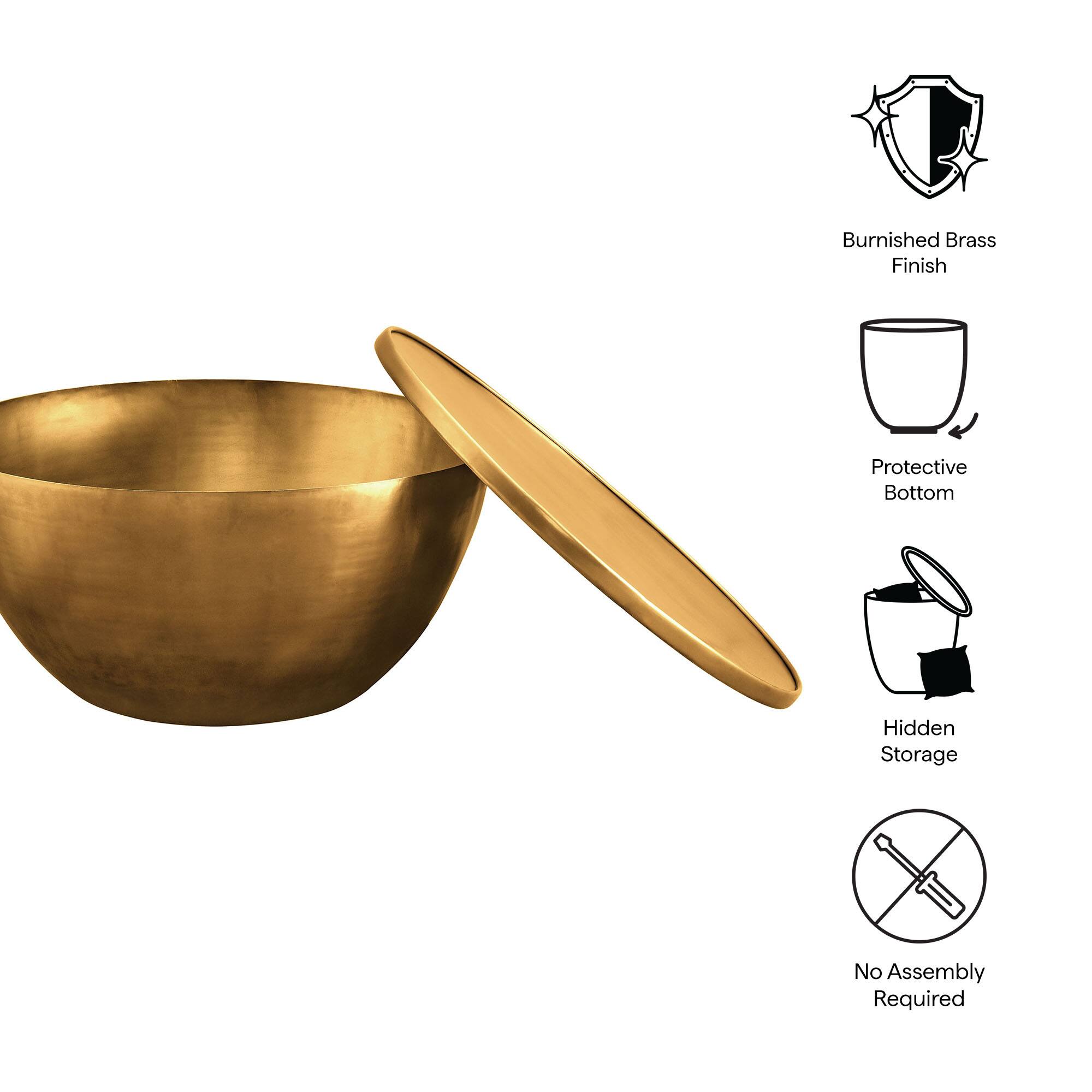 - Burnished Brass Finish
- Protective Bottom
- Hidden Storage
- No Assembly Required
