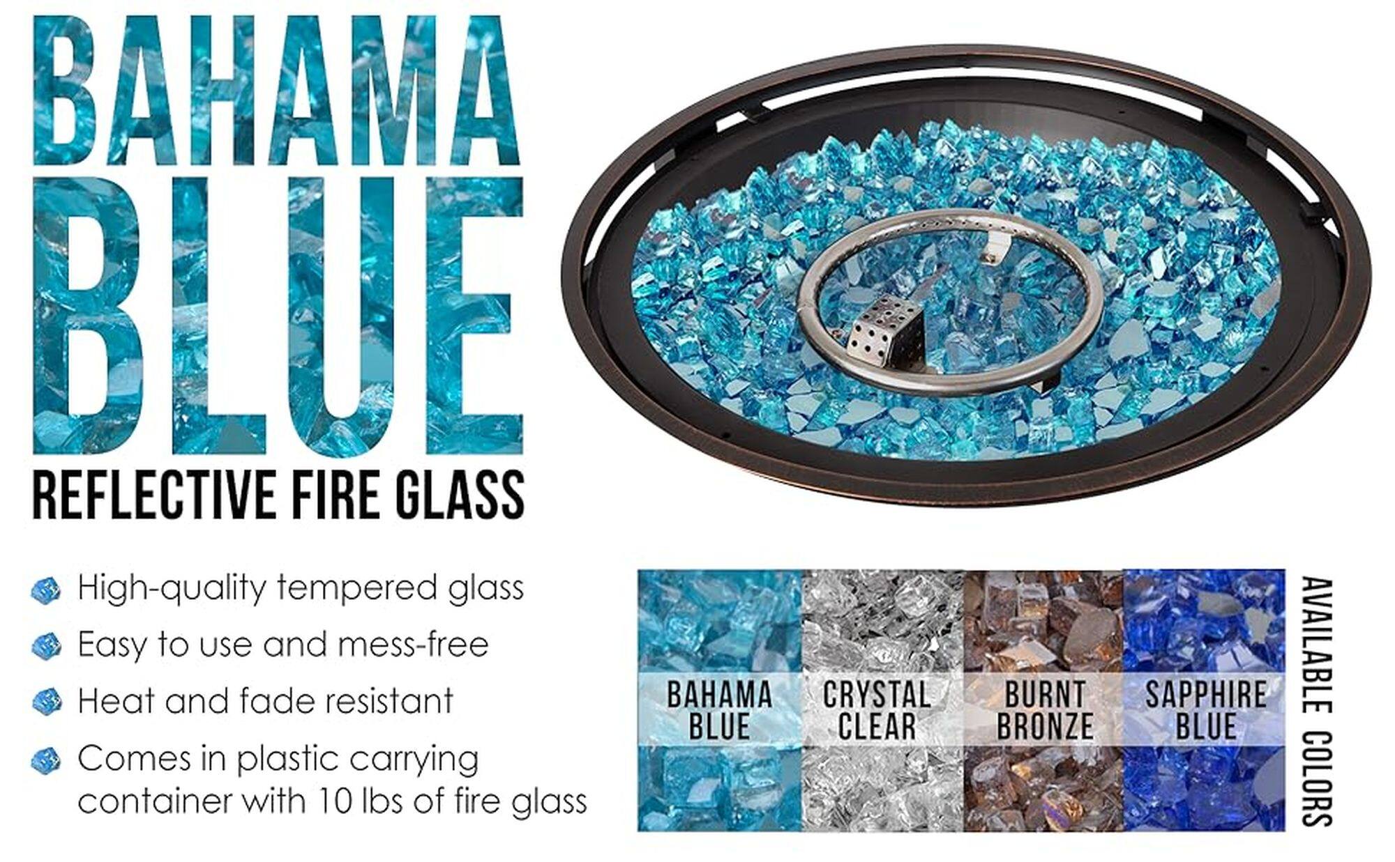 Bahama Blue Reflective Fire Glass is made of high-quality tempered glass, ensuring that it is both durable and safe to use. The glass is easy to use and mess-free, making it a convenient option for anyone looking to add a touch of color to their fire pit. Additionally, the glass is heat and fade resistant, ensuring that it will maintain its vibrant blue color even after prolonged exposure to the elements. The glass comes in a plastic carrying container with 10 lbs of fire glass, making it easy to transport and store. The Bahama Blue Reflective Fire Glass is available in a variety of colors, including clear, bronze, and blue.