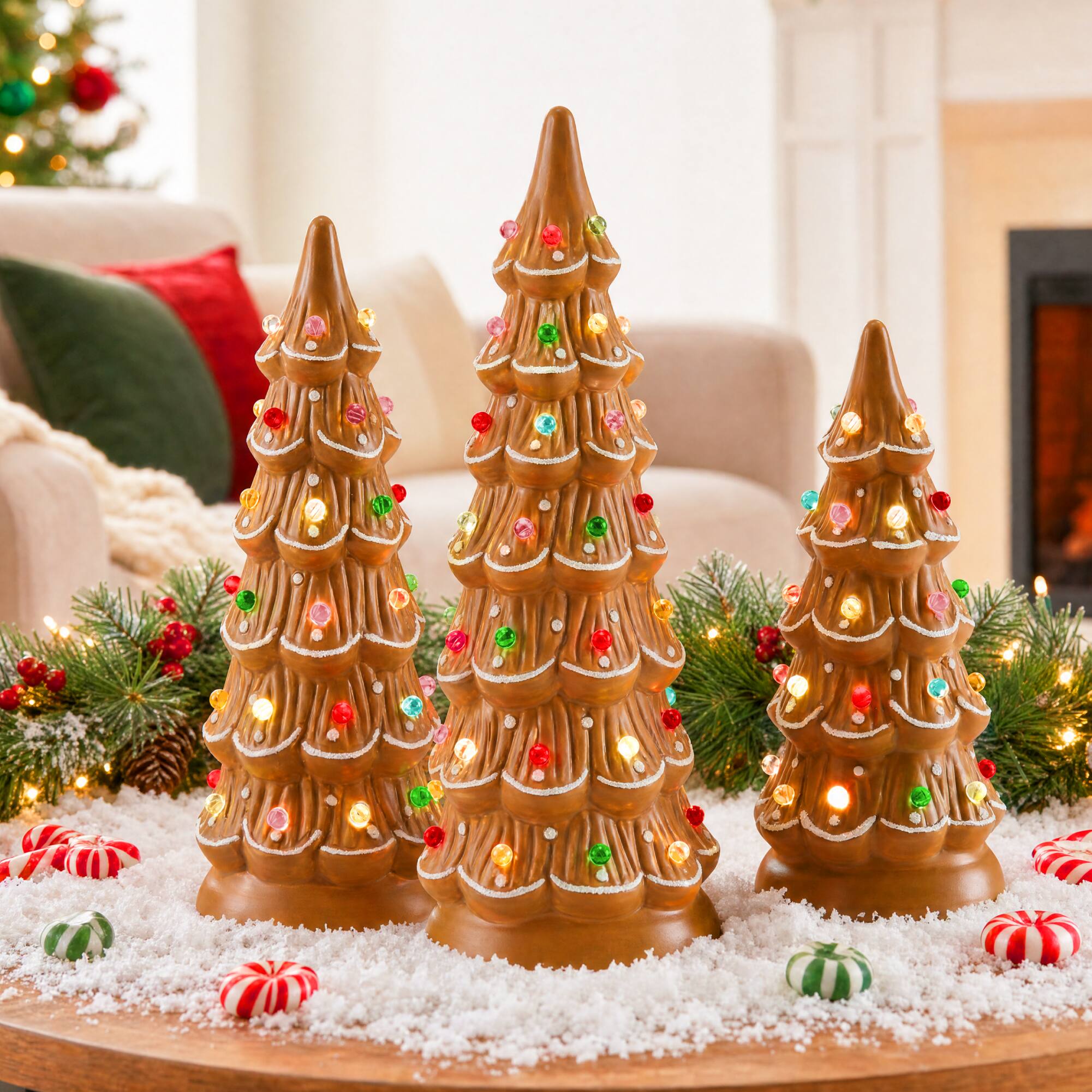 Alt View 7. Best Choice Products - Best Choice Products Set of 3 Pre-Lit Hand-Painted Ceramic Tabletop Christmas Trees w/ Multicolor Bulbs - Gingerbread - Multi.