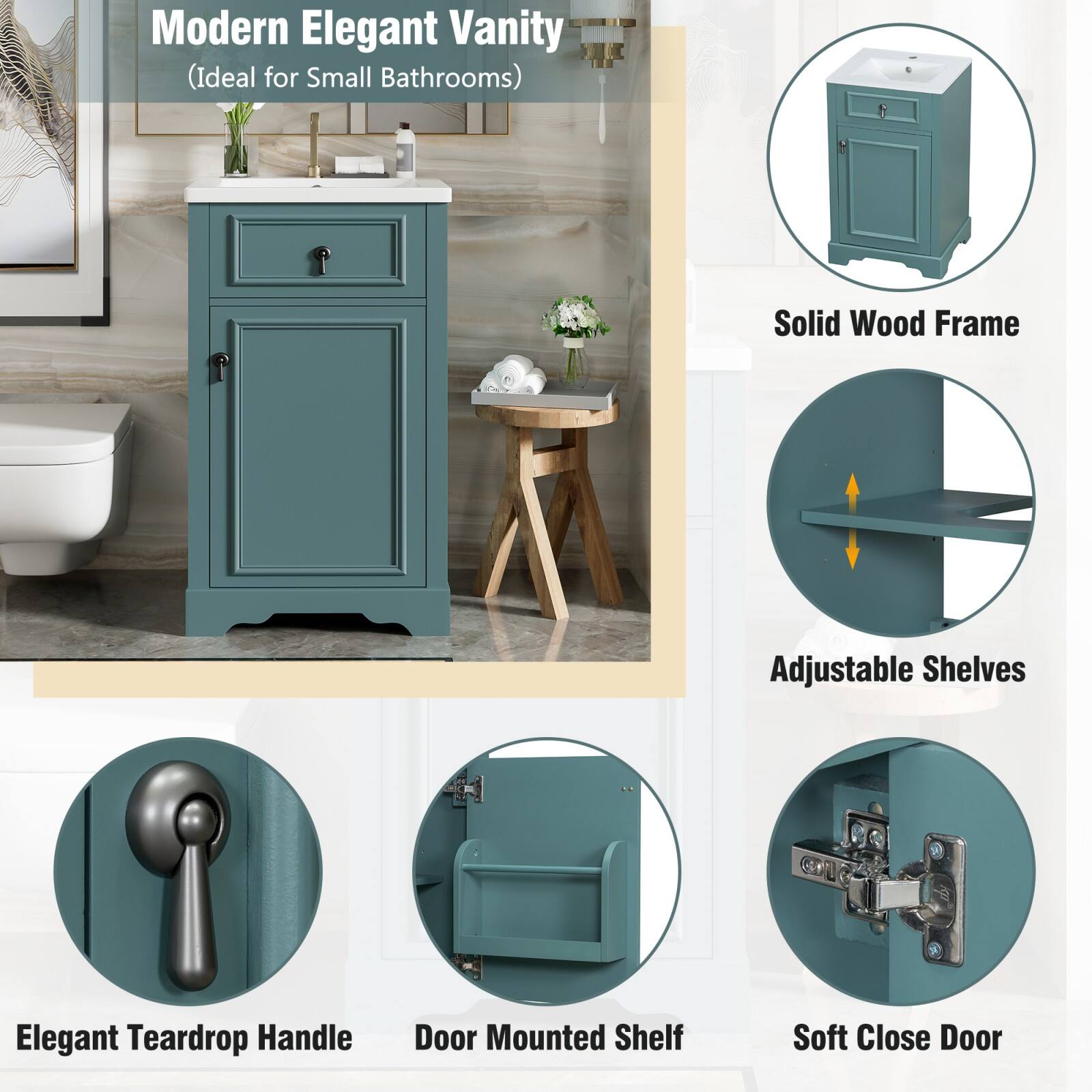 Modern Elegant Vanity  
(Ideal for Small Bathrooms)  

- Solid Wood Frame  
- Adjustable Shelves  
- Elegant Teardrop Handle  
- Door Mounted Shelf  
- Soft Close Door