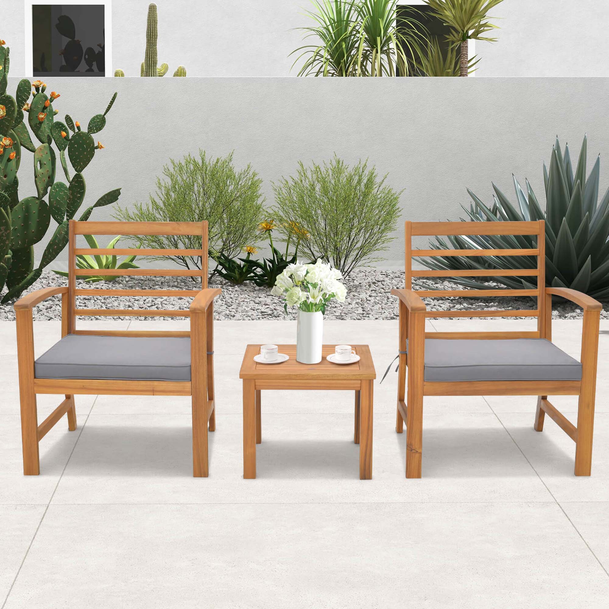 Alt View 4. Costway - Costway 3 PCS Outdoor Furniture Set Acacia Wood Conversation Set with Soft Seat Cushions - Gray.