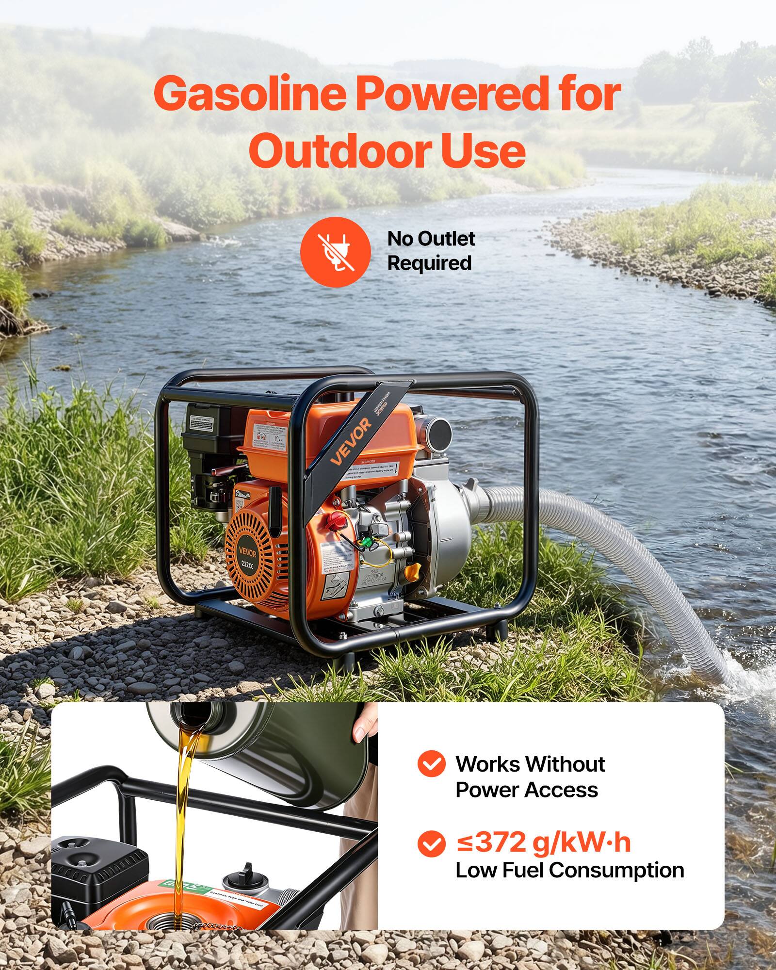 Gasoline Powered for Outdoor Use  
No Outlet Required  

Works Without Power Access  
≤372 g/kW·h  
Low Fuel Consumption