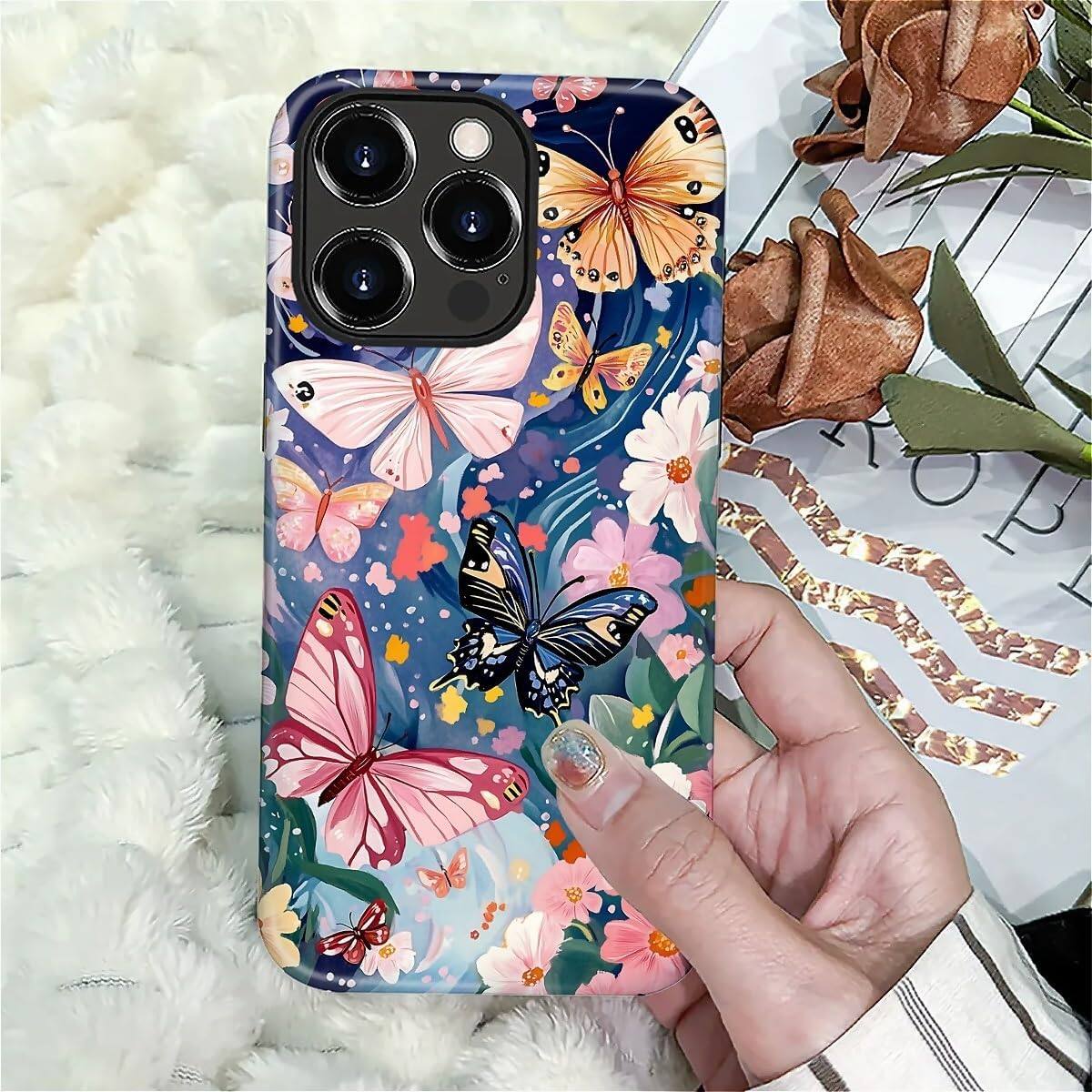 Alt View 6. BUBM - Smartphone Case for iPhone - 2-Layer Durable Smartphone Protection Case - Butterflies Flowers Garden - Butterflies Flowers Garden for iPhone 16 Pro.