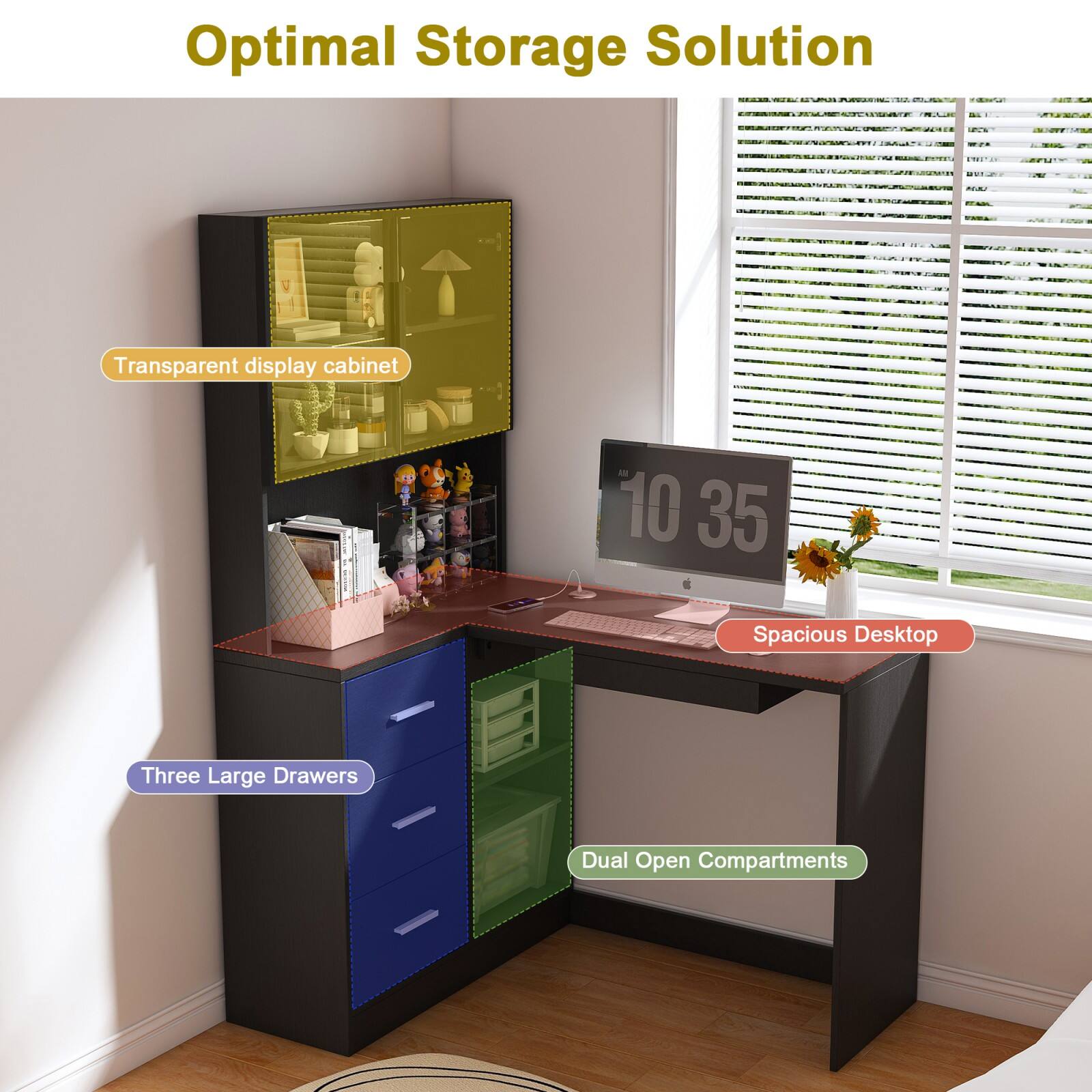 Optimal Storage Solution

Transparent display cabinet

Spacious Desktop

Three Large Drawers

Dual Open Compartments
