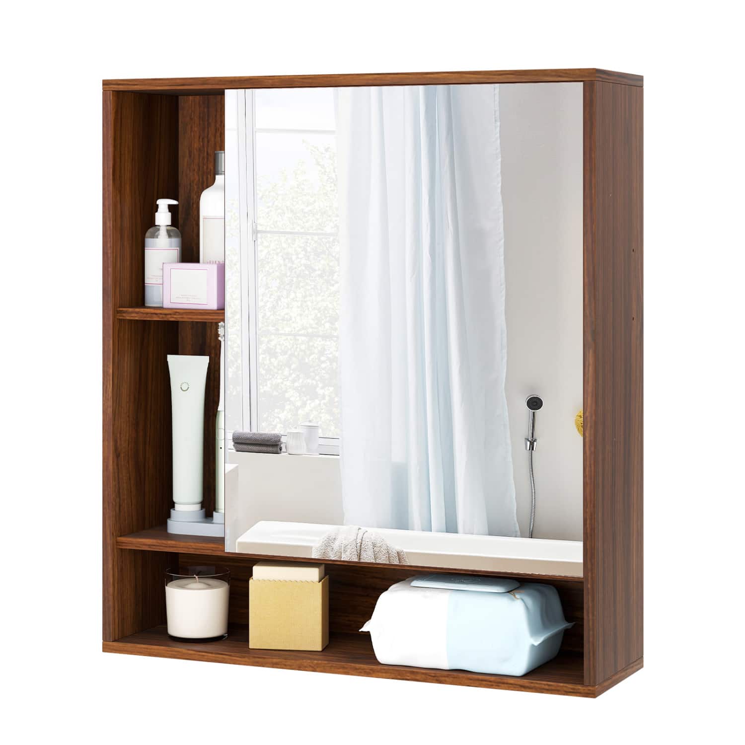 WELLFOR - Wall-Mounted Bathroom Cabinet with Mirror Door, Adjustable Shelf and Open Storage - Walnut price history on PriceWatchPro