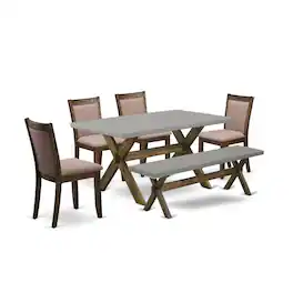 East West Furniture - 6-Pc Dining Set - 4 Dining Chairs, a Dining Bench and 1 Dining Table (Distressed Jacobean Finish) - Multi-Color