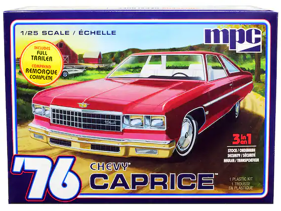 1/25 SCALE / ÉCHELLE
INCLUDES FULL TRAILER / COMPREND REMORQUE COMPLETE
3 in 1
STOCK / ORDINAIRE
SECURITY / SÉCURITÉ
HAULER / TRANSPORTEUR
1 PLASTIC KIT / 1 TROUSSE EN PLASTIQUE
CHEVY CAPRICE '76