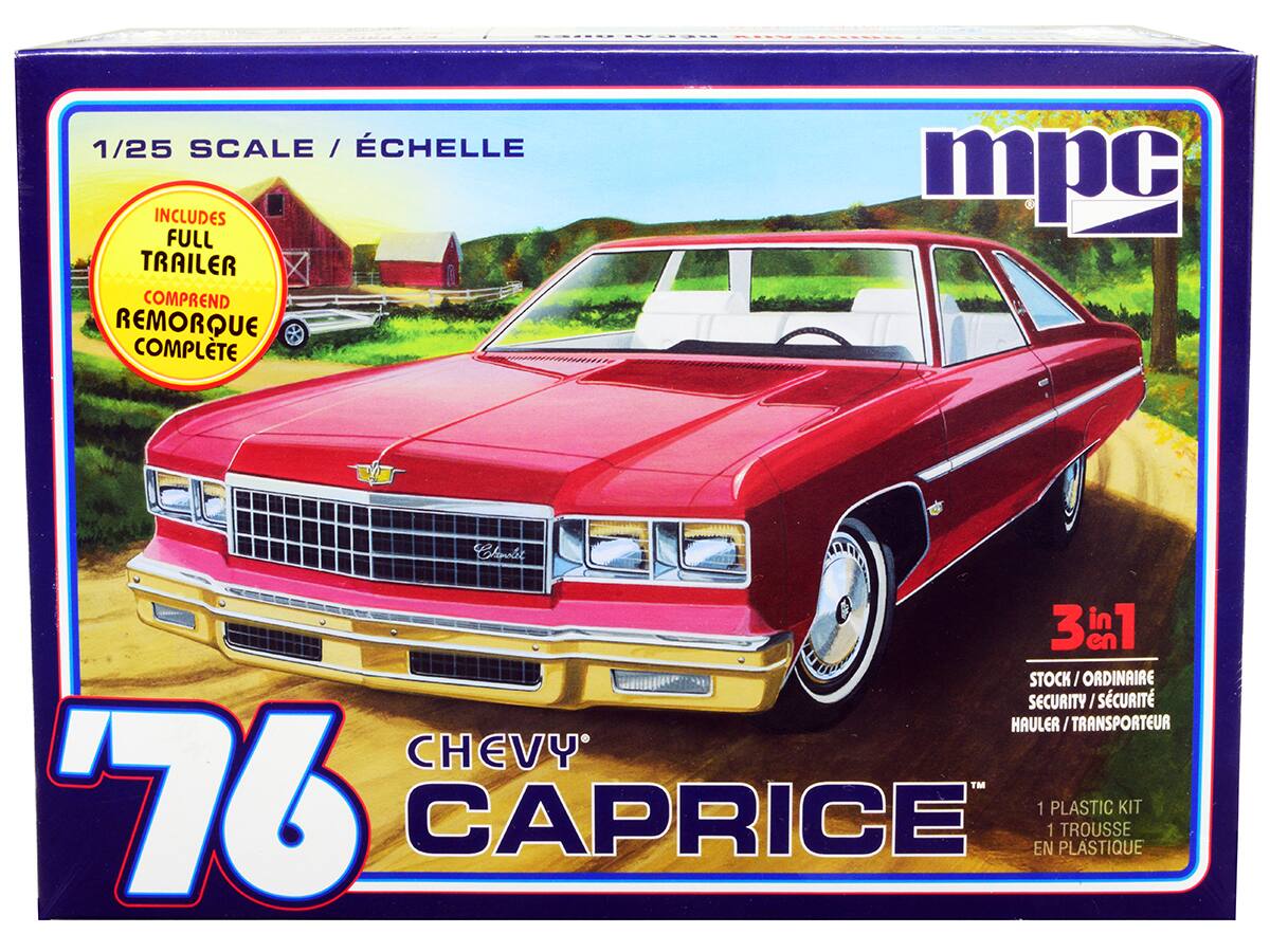 1/25 SCALE / ÉCHELLE  
INCLUDES FULL TRAILER / COMPREND REMORQUE COMPLETE  
3 in 1  
STOCK / ORDINAIRE  
SECURITY / SÉCURITÉ  
HAULER / TRANSPORTEUR  
1 PLASTIC KIT / 1 TROUSSE EN PLASTIQUE  
CHEVY CAPRICE '76
