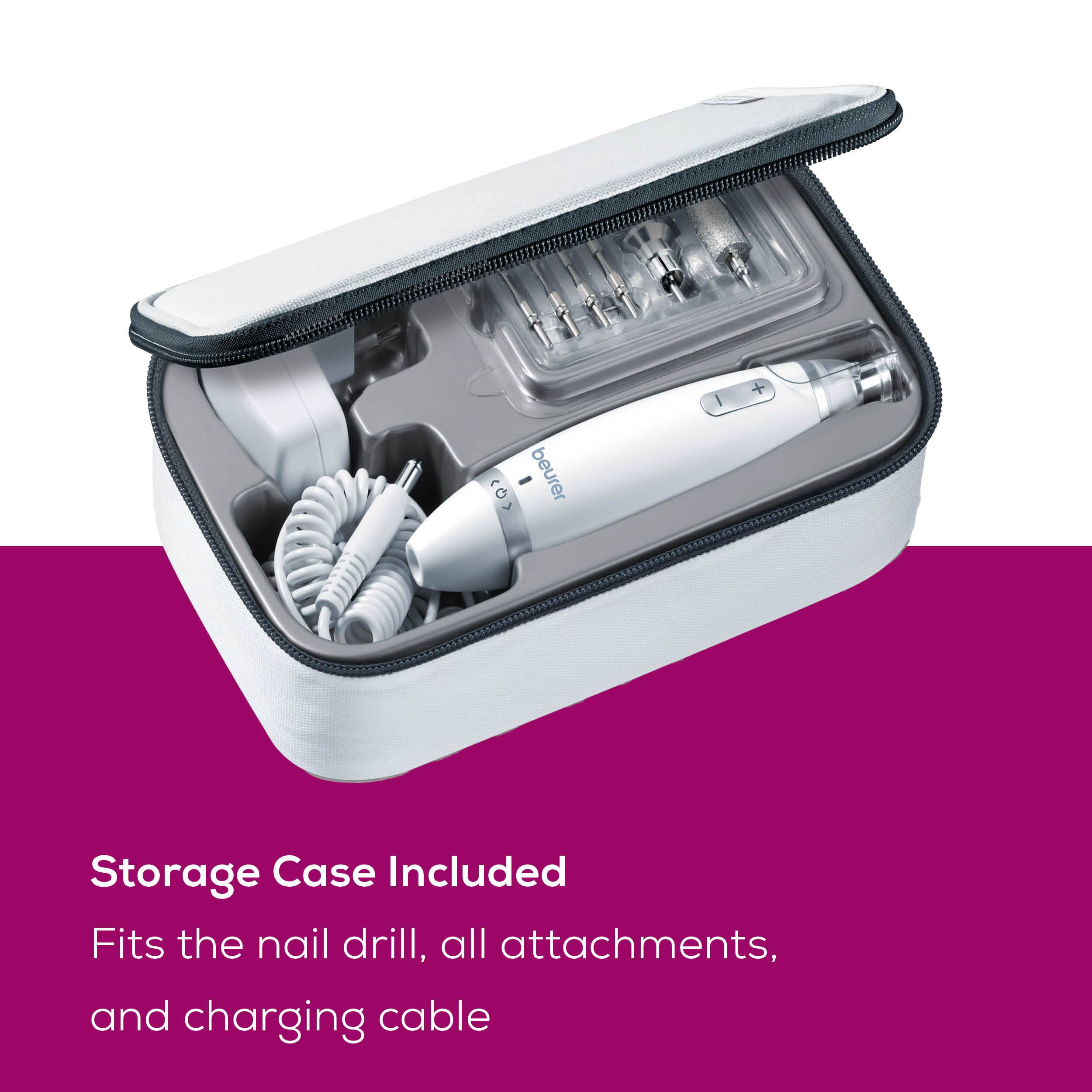 Storage Case Included  
Fits the nail drill, all attachments, and charging cable