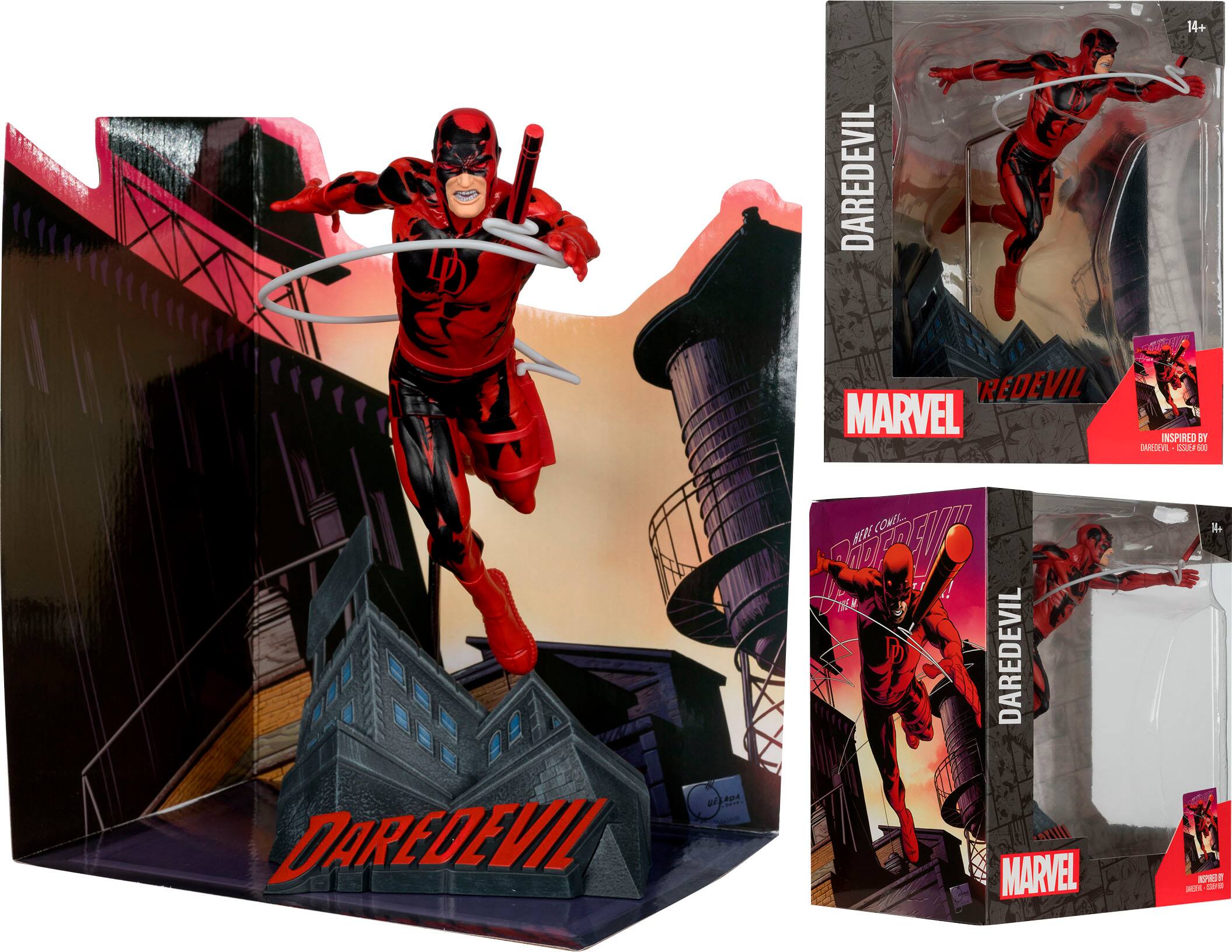 The image features a Daredevil action figure from the Marvel Comics universe. The figure is posed in a dynamic pose, with one foot raised and the other foot on a platform. The action figure is displayed in a box, which also includes a comic book cover featuring Daredevil. The figure is a collectible item for fans of the Marvel Comics universe.