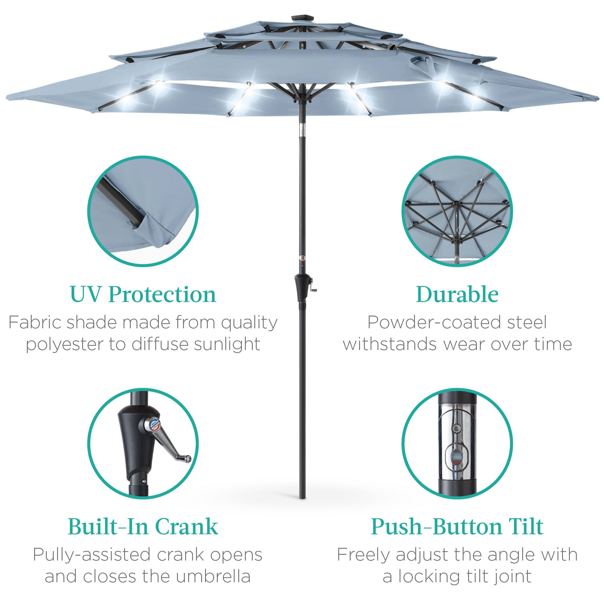 UV Protection: Fabric shade made from quality polyester to diffuse sunlight.  
Durable: Powder-coated steel withstands wear over time.  
Built-In Crank: Pully-assisted crank opens and closes the umbrella.  
Push-Button Tilt: Freely adjust the angle with a locking tilt joint.