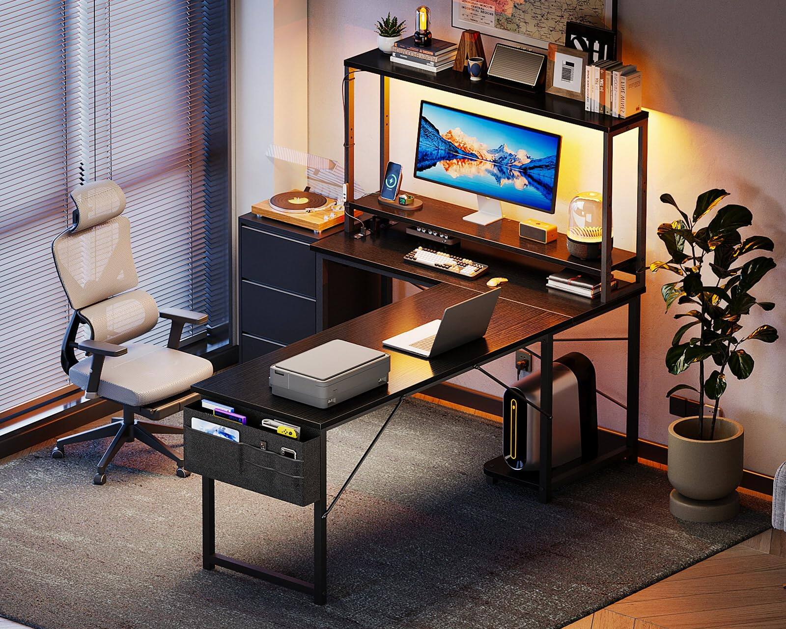 Alt View 3. AODK - Reversible L-Shaped Gaming Desk with LED Light, Power Outlet, Shelf, Storage Bag and Hook - Black.