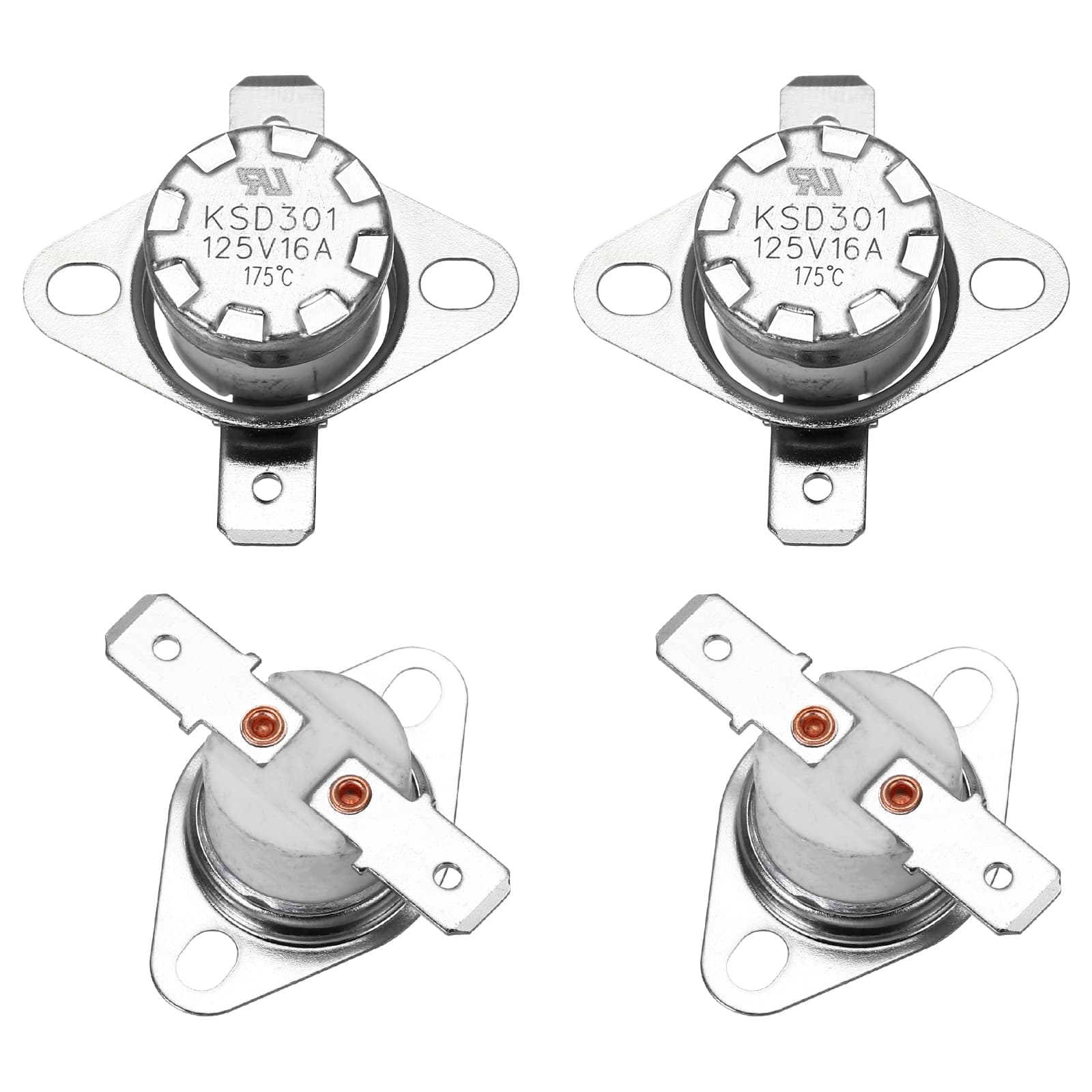 Unique Bargains - 4pcs KSD301 Thermostat 175°C/347°F 16A Normally Closed N.C Adjust Snap Disc Temperature Switch Ceramic - Silver
