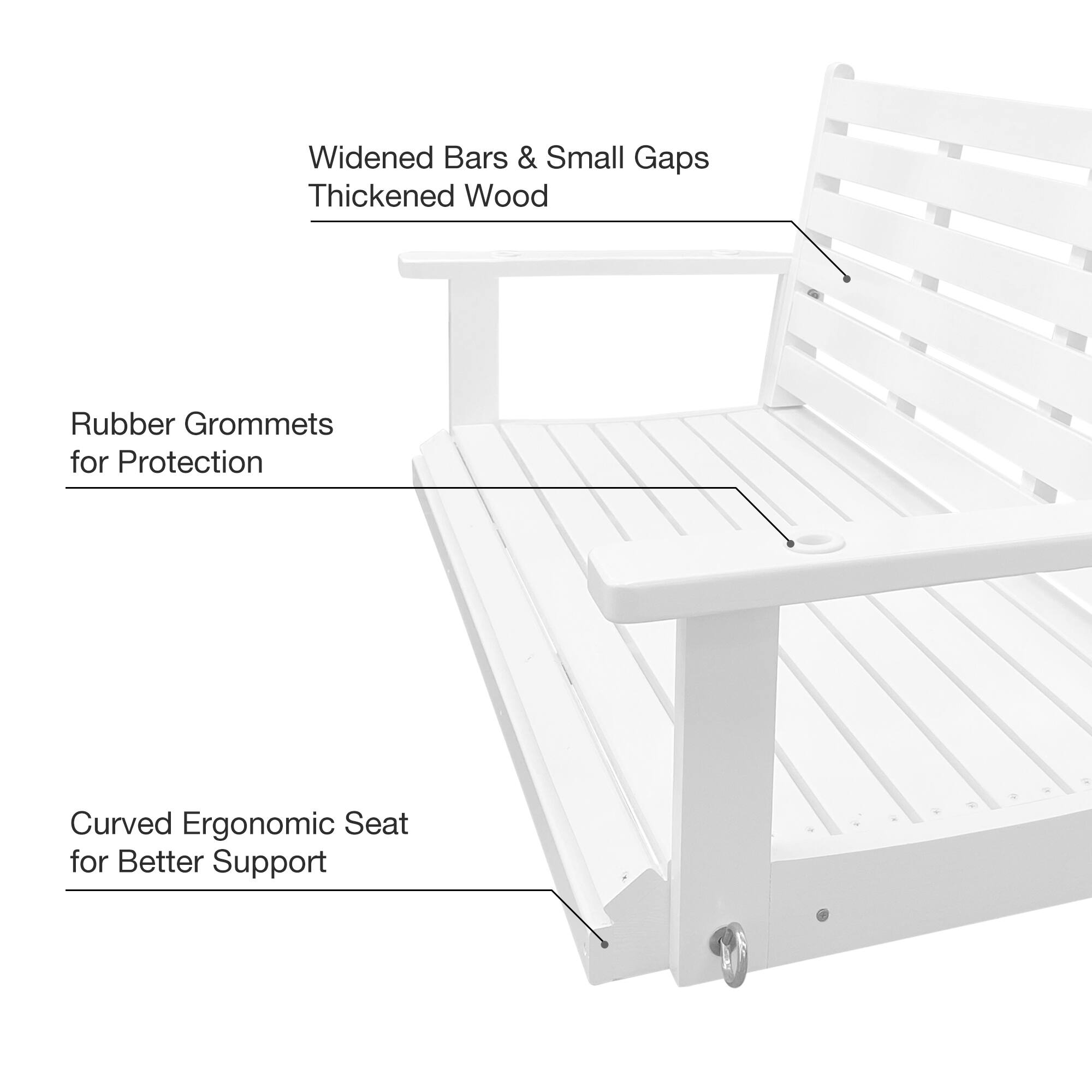 Widened Bars & Small Gaps, Thickened Wood, Rubber Grommets for Protection, Curved Ergonomic Seat for Better Support.