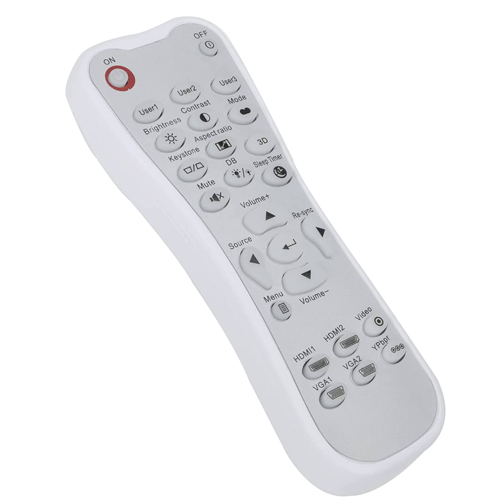 OFF ON User3 User2 Mode User1 Contrast Brightness Aspectratio 3D Keystone DB Sleep Timer 0/ Mute Volume+ Re-sync Source Menu Volume-  Video HDMI2 YPbpr 0O0 HDM11 VGA2 VGA1