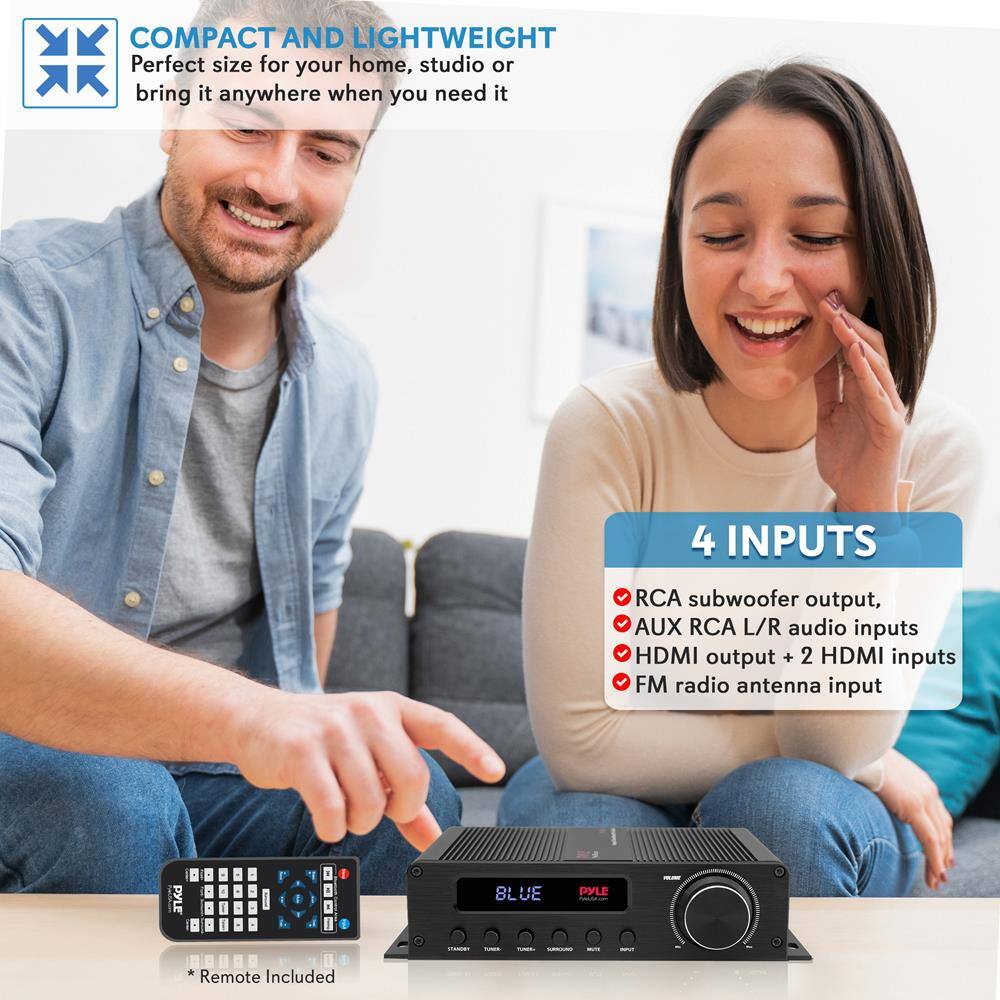 COMPACT AND LIGHTWEIGHT  
Perfect size for your home, studio or bring it anywhere when you need it  

4 INPUTS  
- RCA subwoofer output  
- AUX RCA L/R audio inputs  
- HDMI output + 2 HDMI inputs  
- FM radio antenna input  

Remote Included