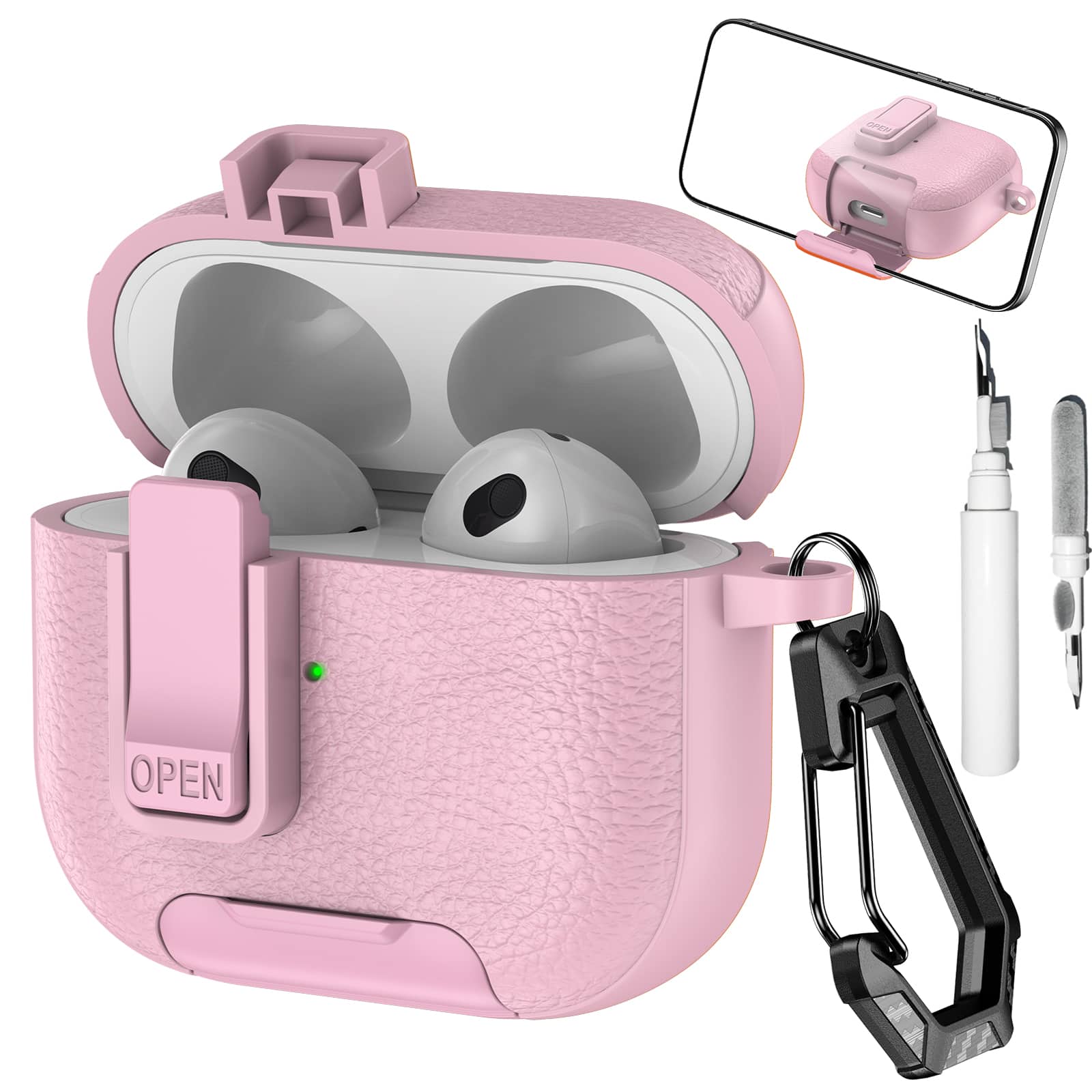 Dteck - Earphone Case for Apple AirPods 3rd Gen (2021) with Phone Holder & Keychain,Leather Texture Earbuds Cover for Man Women - Pink
