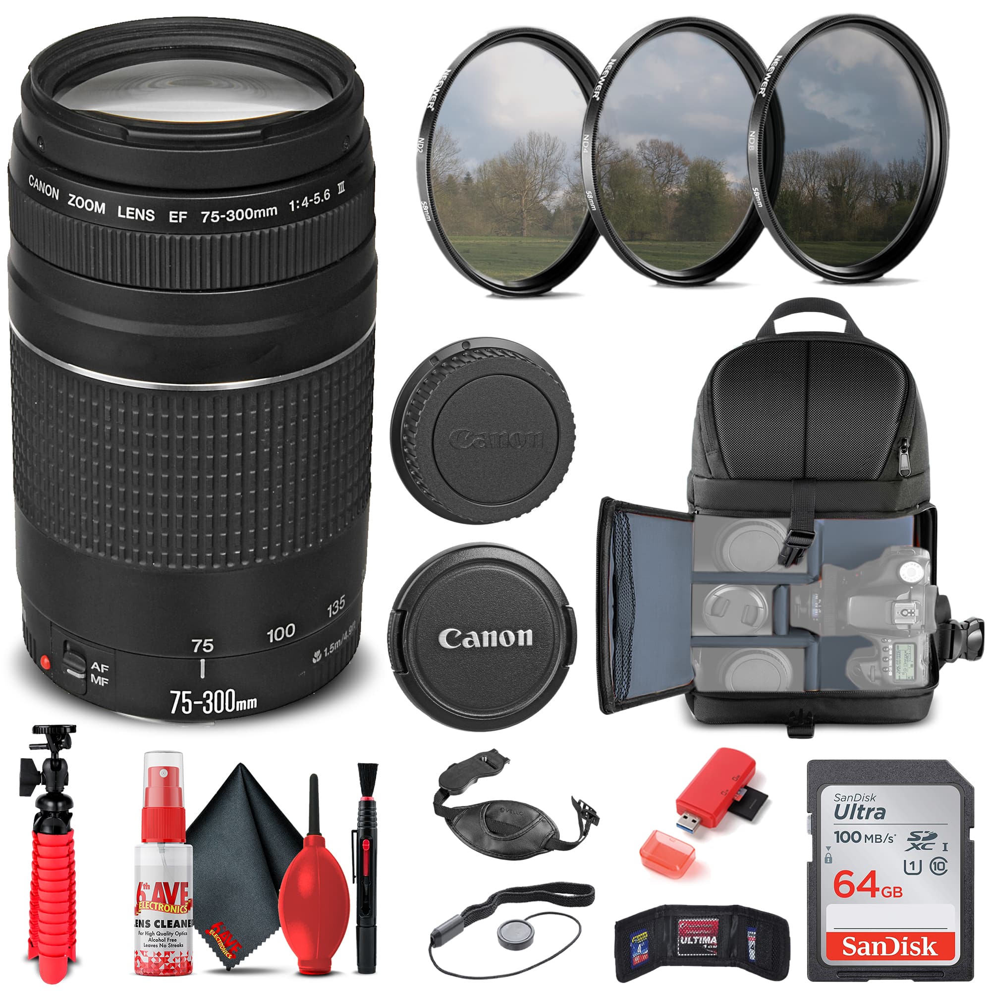 Canon - EF 75-300mm f/4-5.6 III Lens (6473A003) + Filter Kit + BackPack + More (International Version)